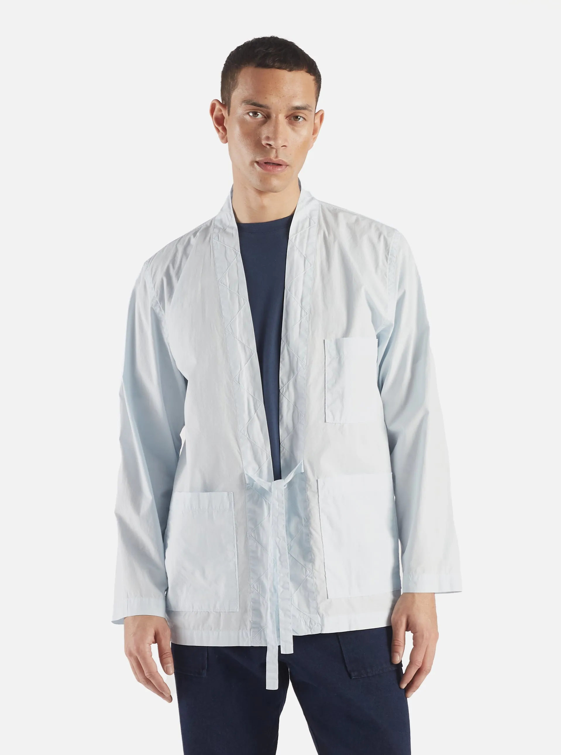 Universal Works Tie Front Jacket in Sky Organic Fine Poplin sold by Universal Works