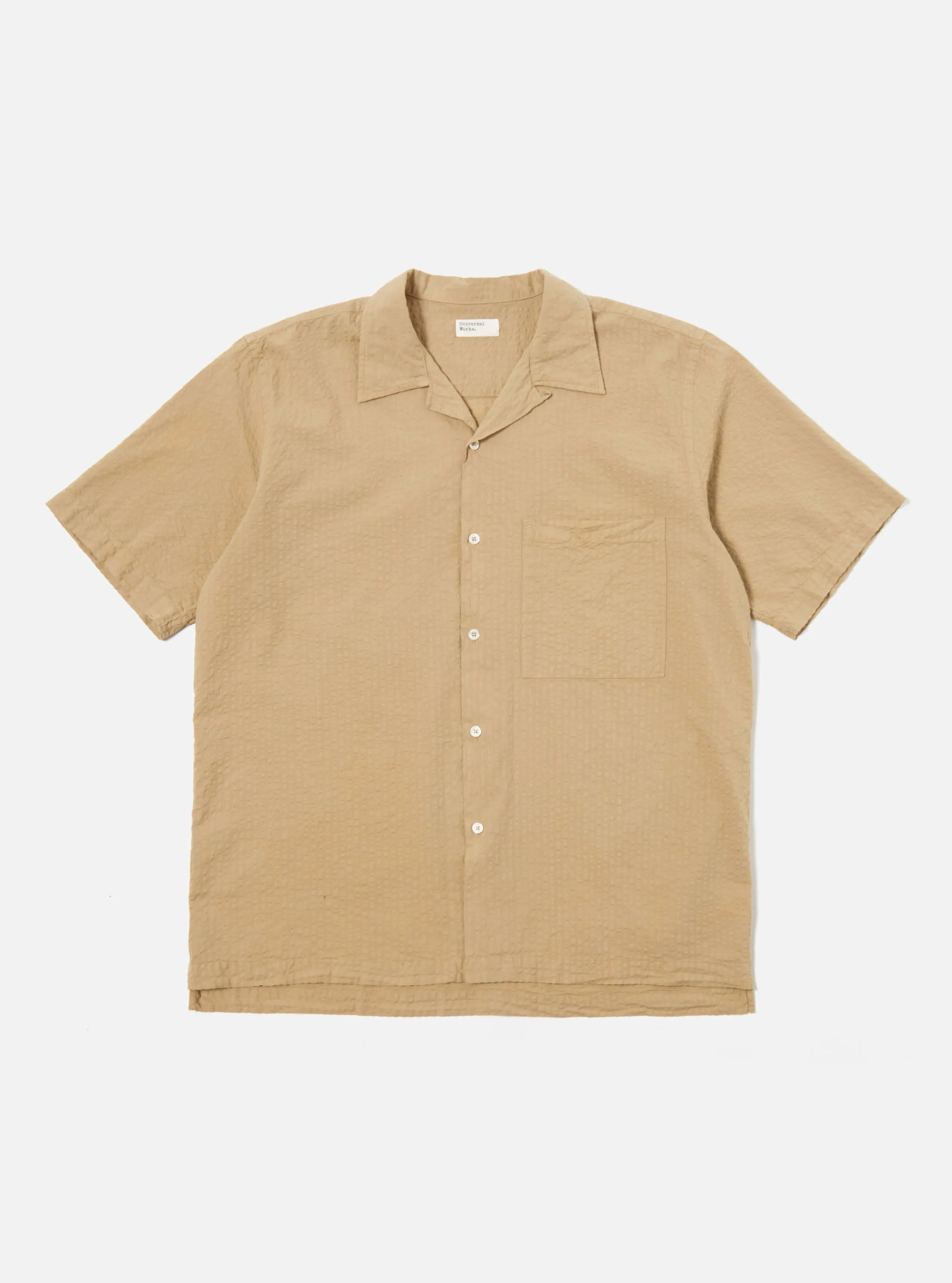 Universal Works Camp Shirt II in Summer Oak Onda Cotton sold by Universal Works