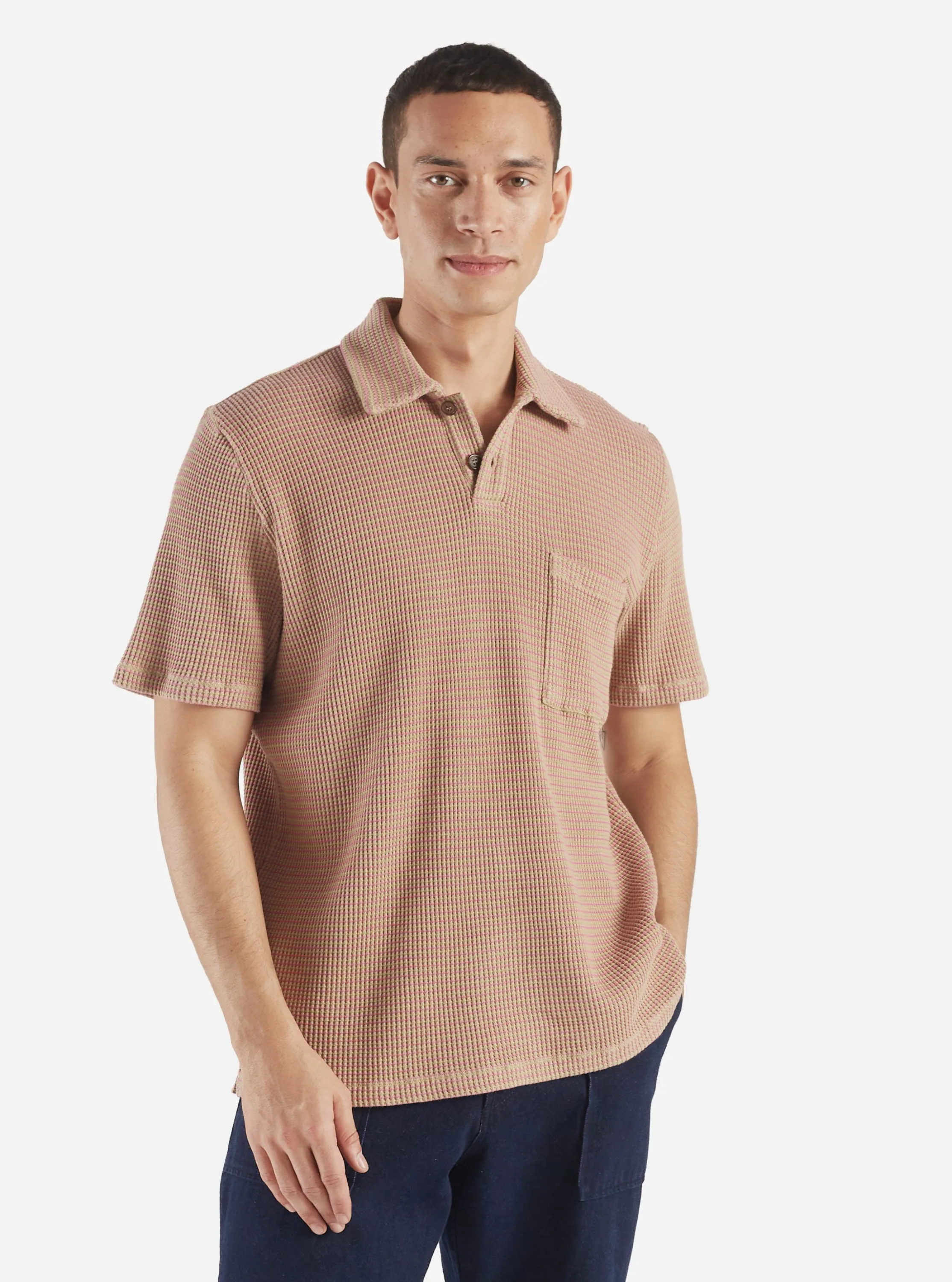 Universal Works Newlyn Polo in Summer Oak Fluro Stripe sold by Universal Works