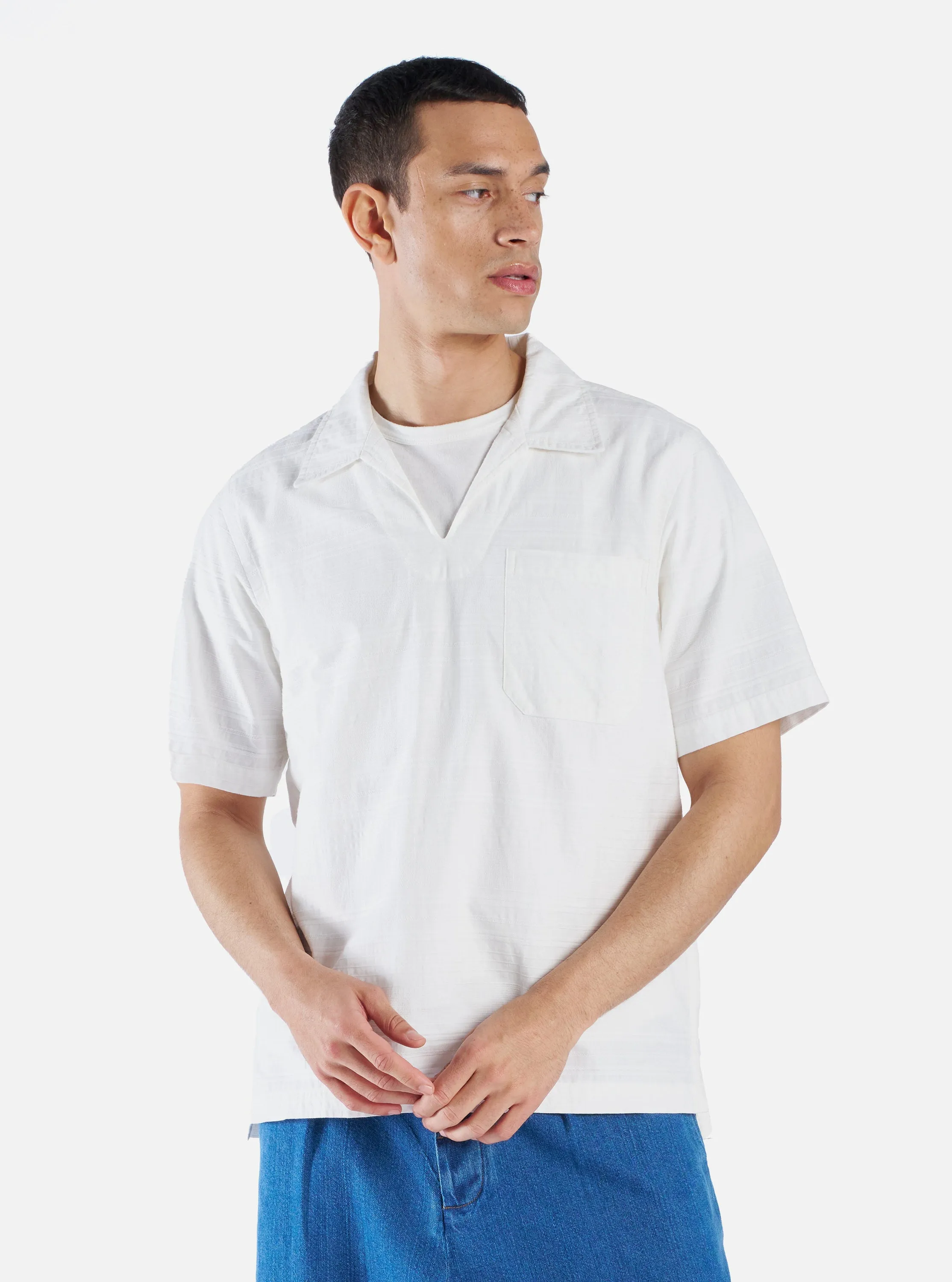 Universal Works Overhead Shirt in Ecru Japanese Self Stripe sold by Universal Works