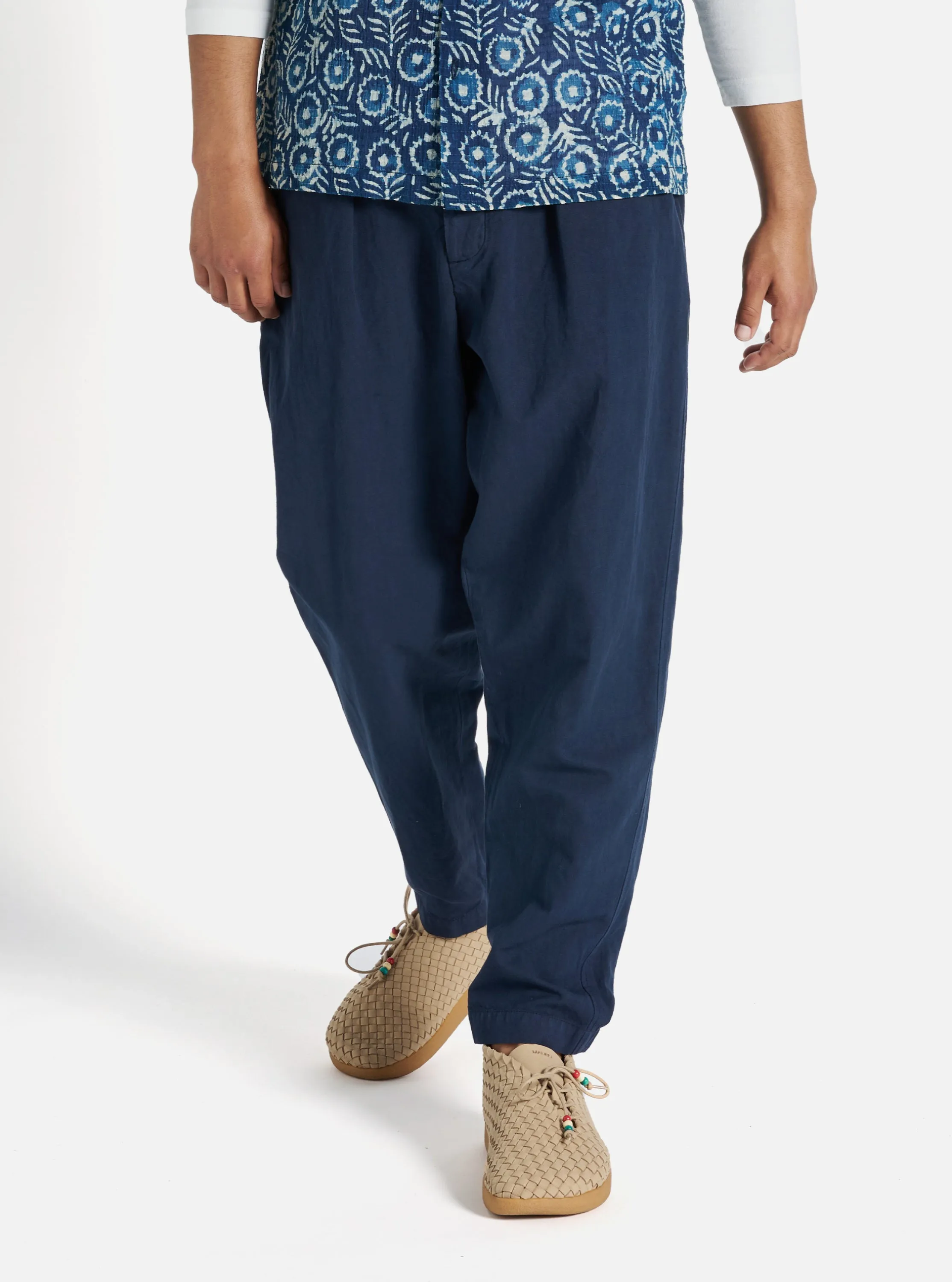 Universal Works Pleated Track Pant in Navy Linen Slub Weave sold by Universal Works