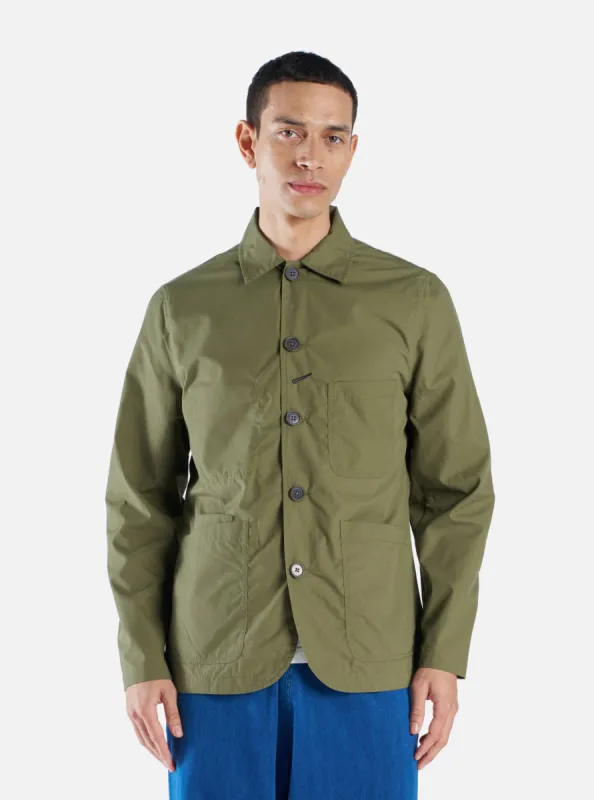 Universal Works Bakers Jacket in Olive Recycled Poly Tech sold by Universal Works