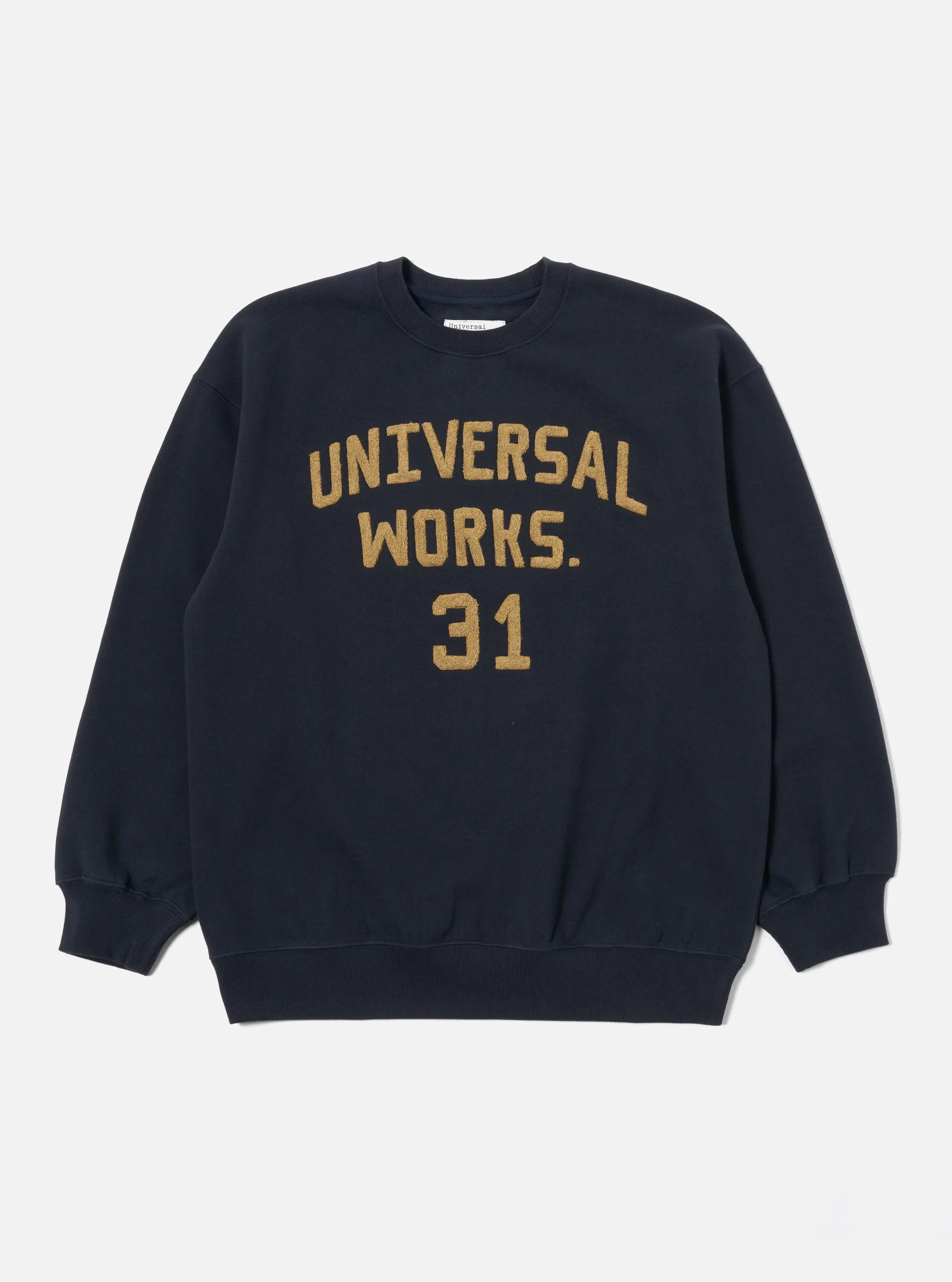 Universal Works Embroidered Sweatshirt in Navy Brush Back Sweat sold by Universal Works