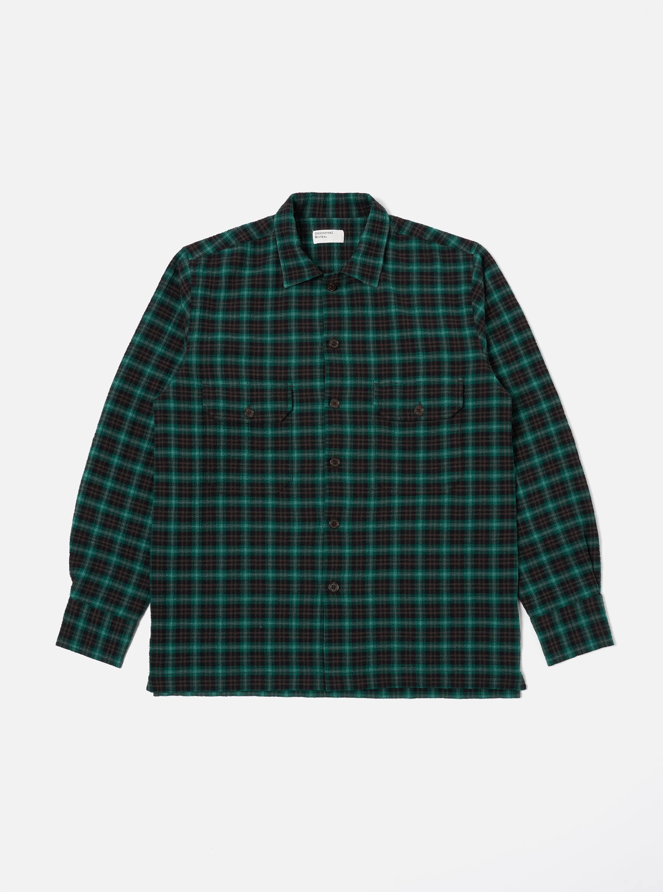 Universal Works L/S Utility Shirt in Green/Black Seersucker PT Check sold by Universal Works