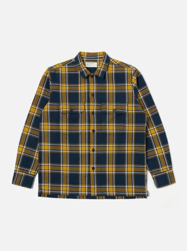Universal Works L/S Utility Shirt in Yellow/Navy Twill Check Tartan sold by Universal Works