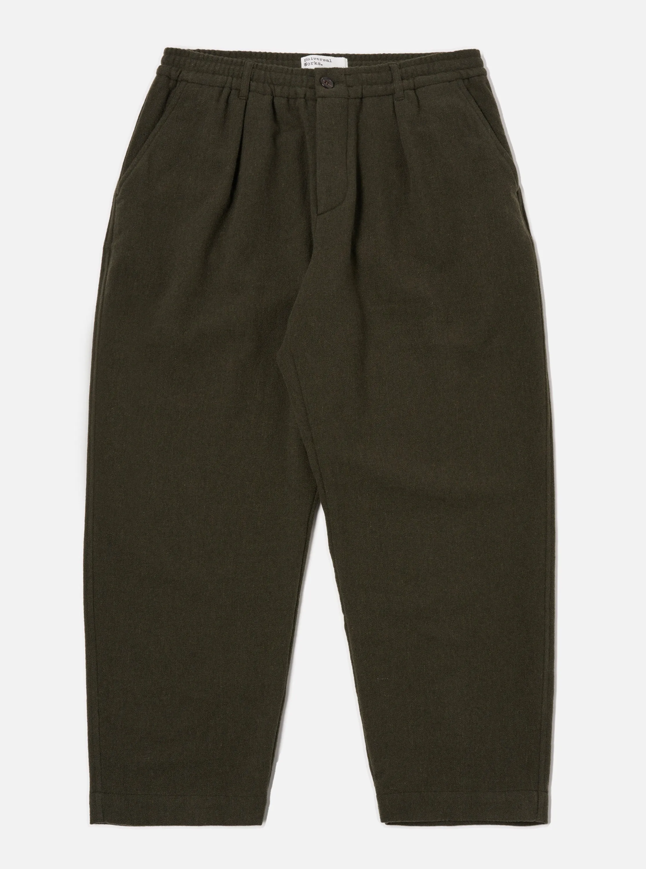 Universal Works Oxford Pant in Olive Recycled Soft Wool sold by Universal Works