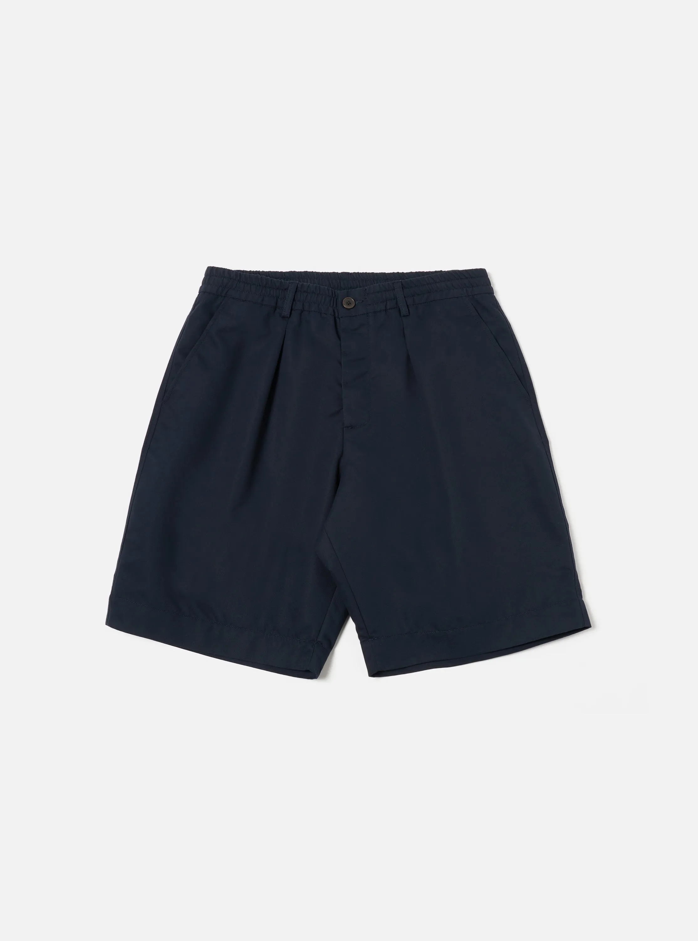 Universal Works Pleated Track Short in Navy Brushed Polytech sold by Universal Works