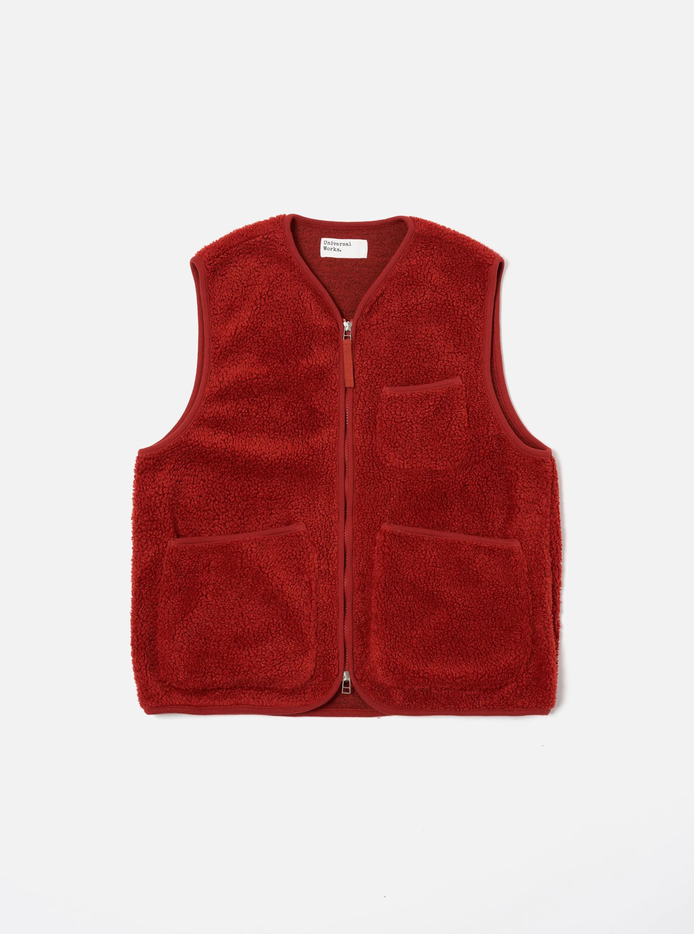 Universal Works Zip Gilet in Orange Mountain Fleece sold by Universal Works