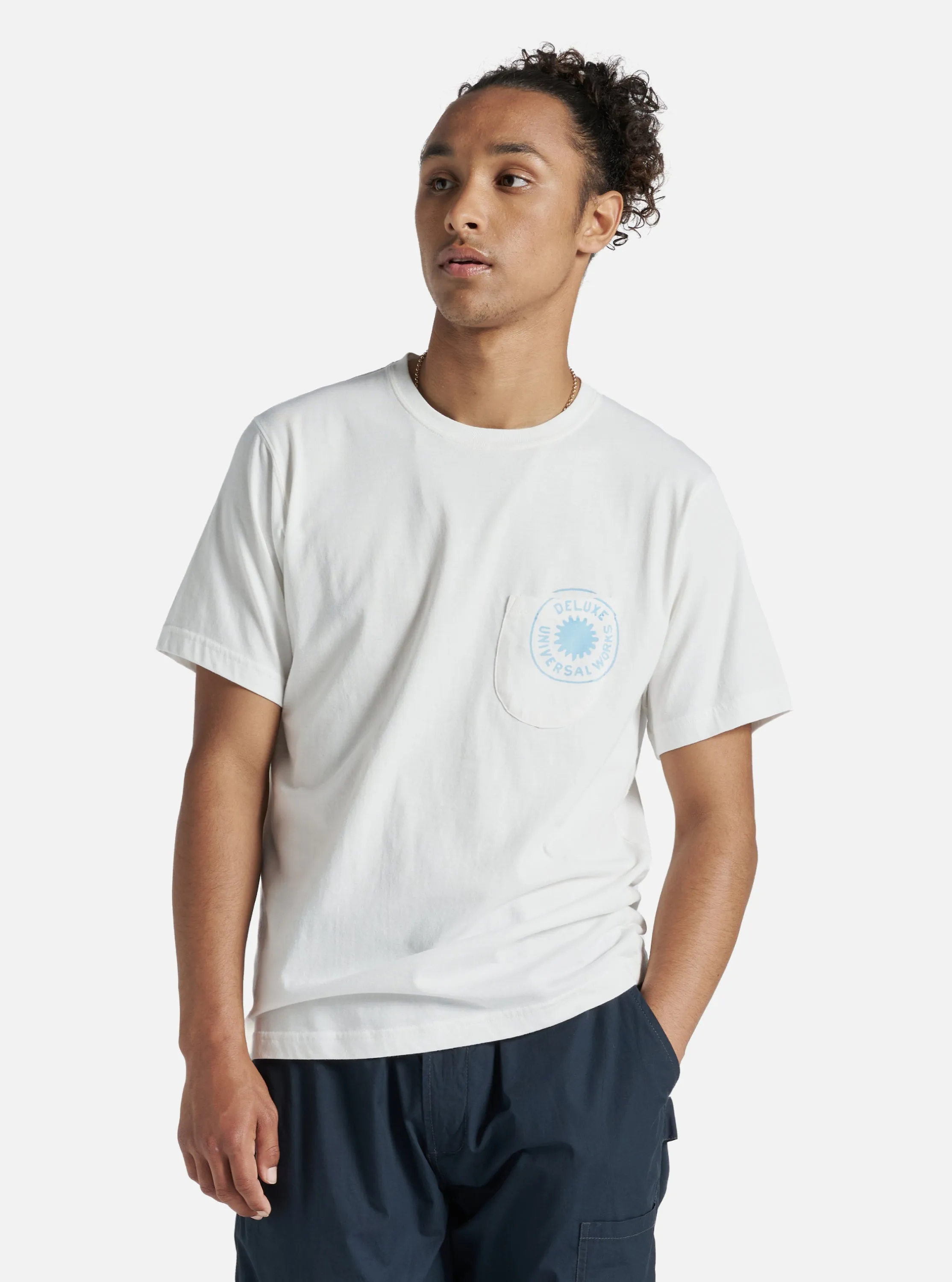 Universal Works Print Pocket Tee in Ecru Single Jersey Deluxe sold by Universal Works