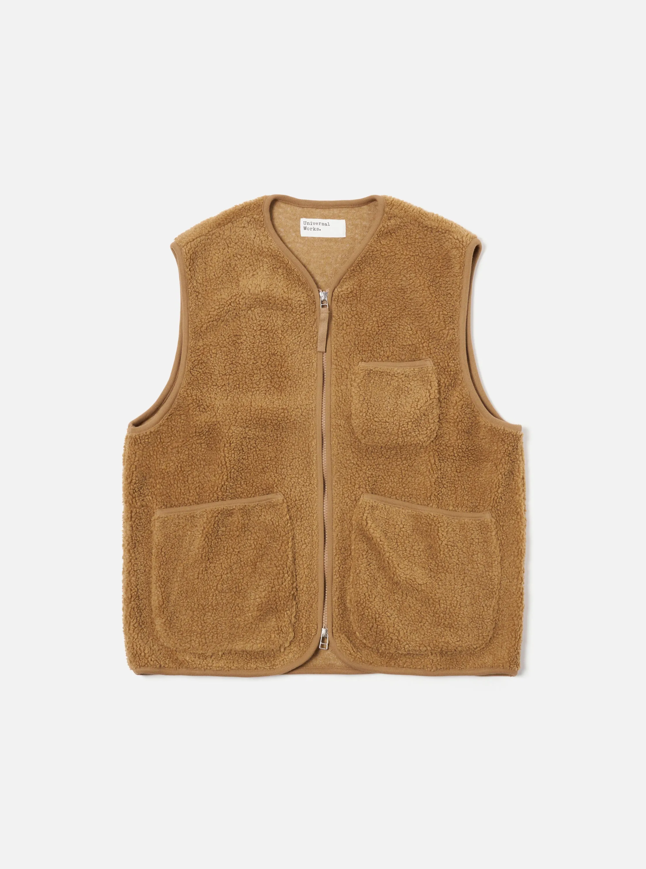 Universal Works Zip Gilet in Sand Mountain Fleece sold by Universal Works