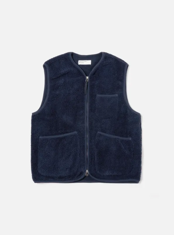 Universal Works Zip Gilet in Navy Mountain Fleece sold by Universal Works