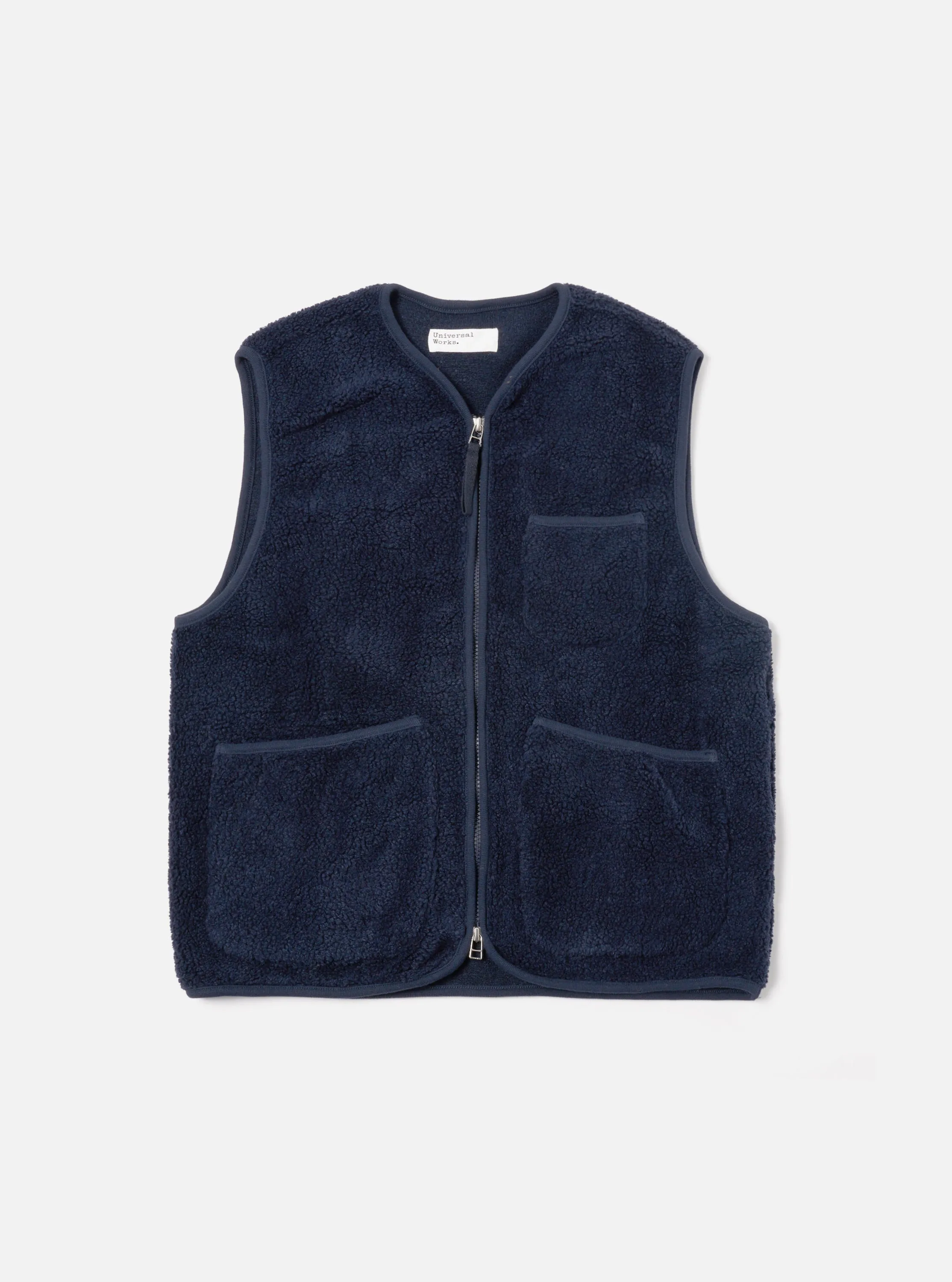 Universal Works Zip Gilet in Navy Mountain Fleece sold by Universal Works