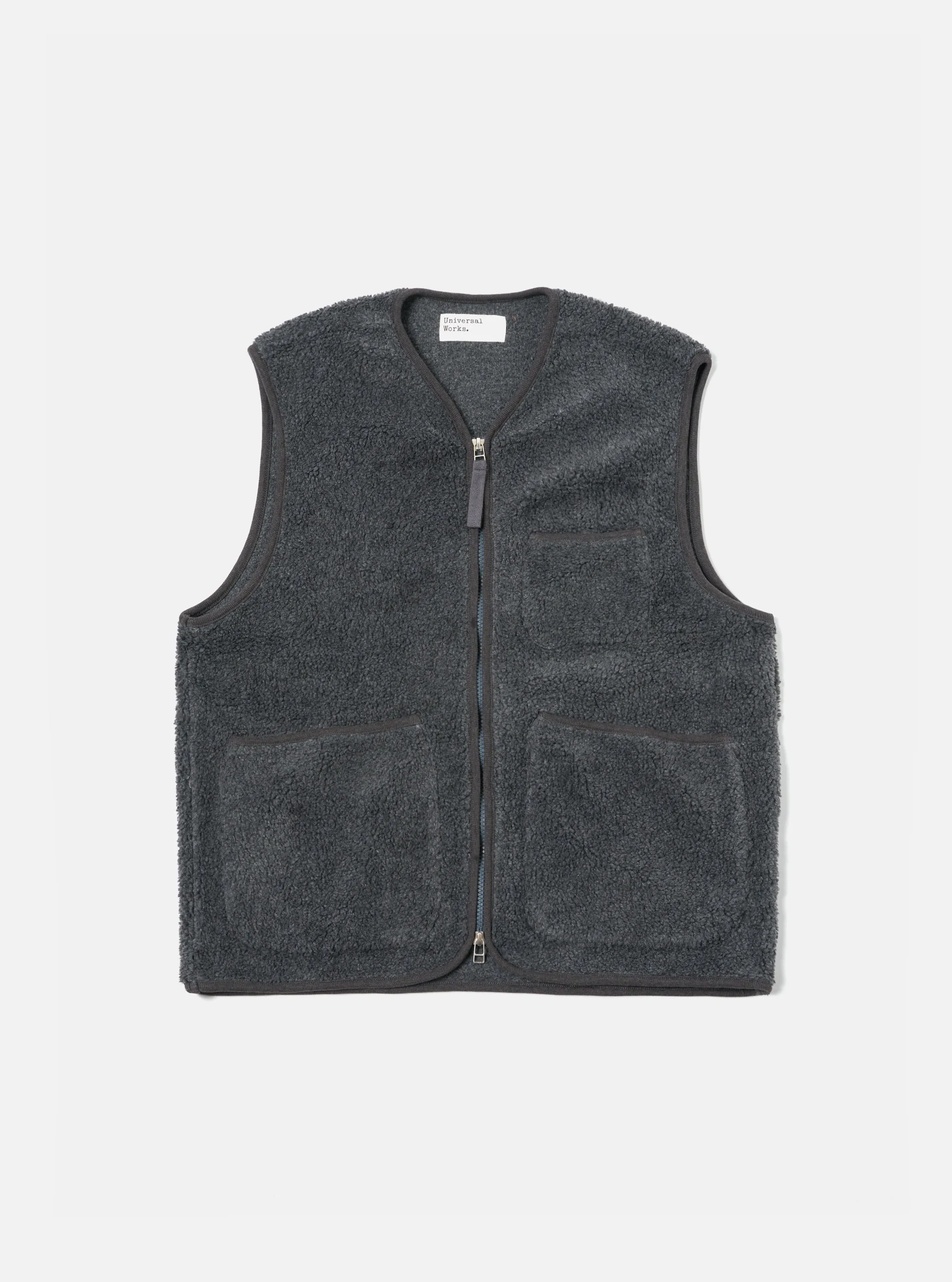 Universal Works Zip Gilet in Charcoal Mountain Fleece sold by Universal Works