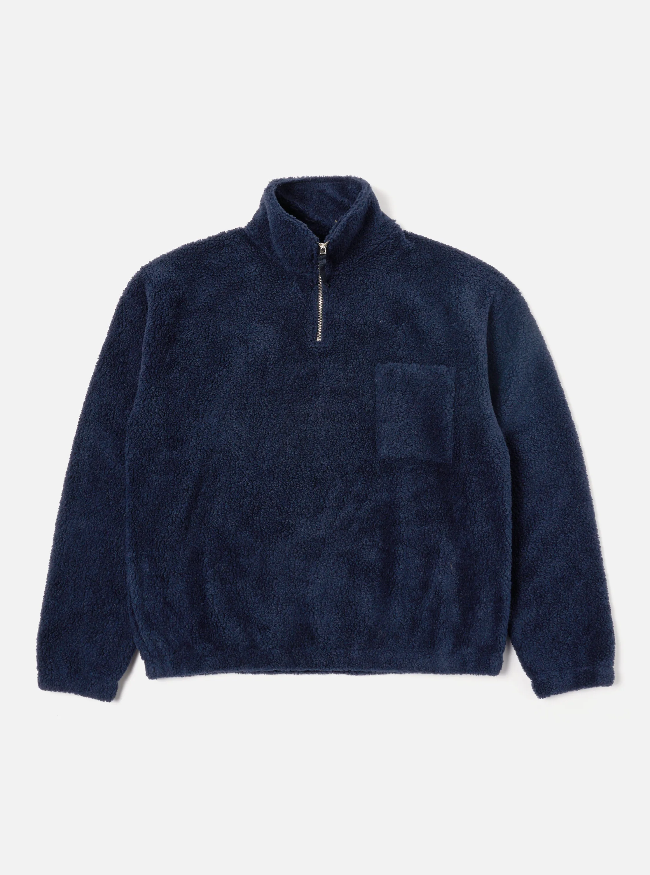 Universal Works Ramsay Quarter Zip in Navy Mountain Fleece sold by Universal Works