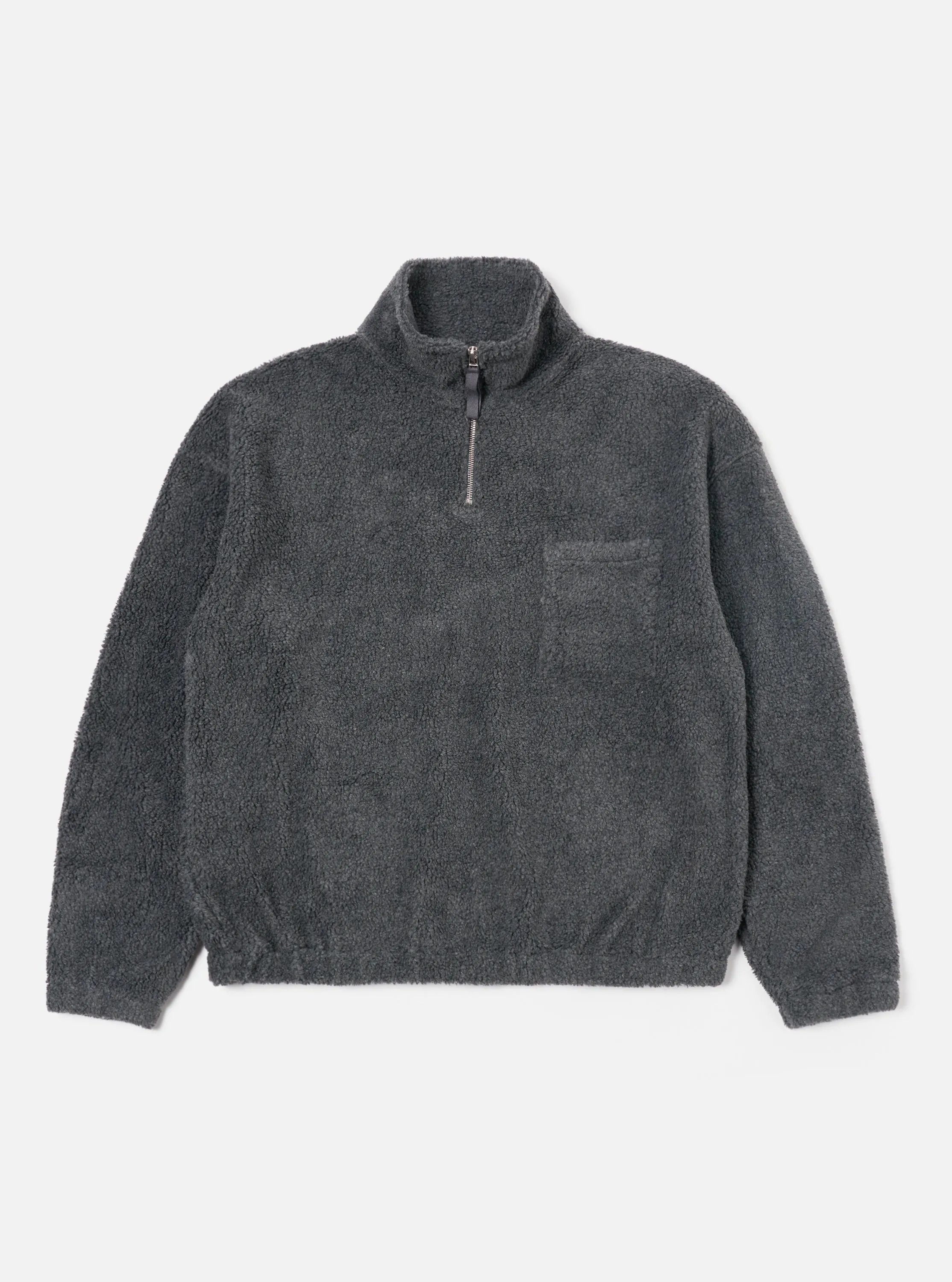 Universal Works Ramsay Quarter Zip in Charcoal Mountain Fleece sold by Universal Works