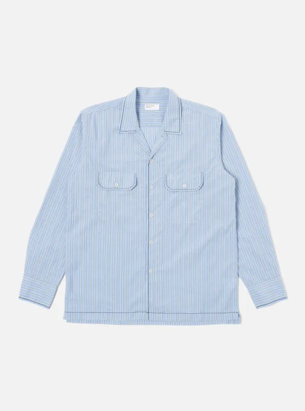 Universal Works Embroidered L/S Utility Shirt in Blue Chelsea Cotton Stripe sold by Universal Works