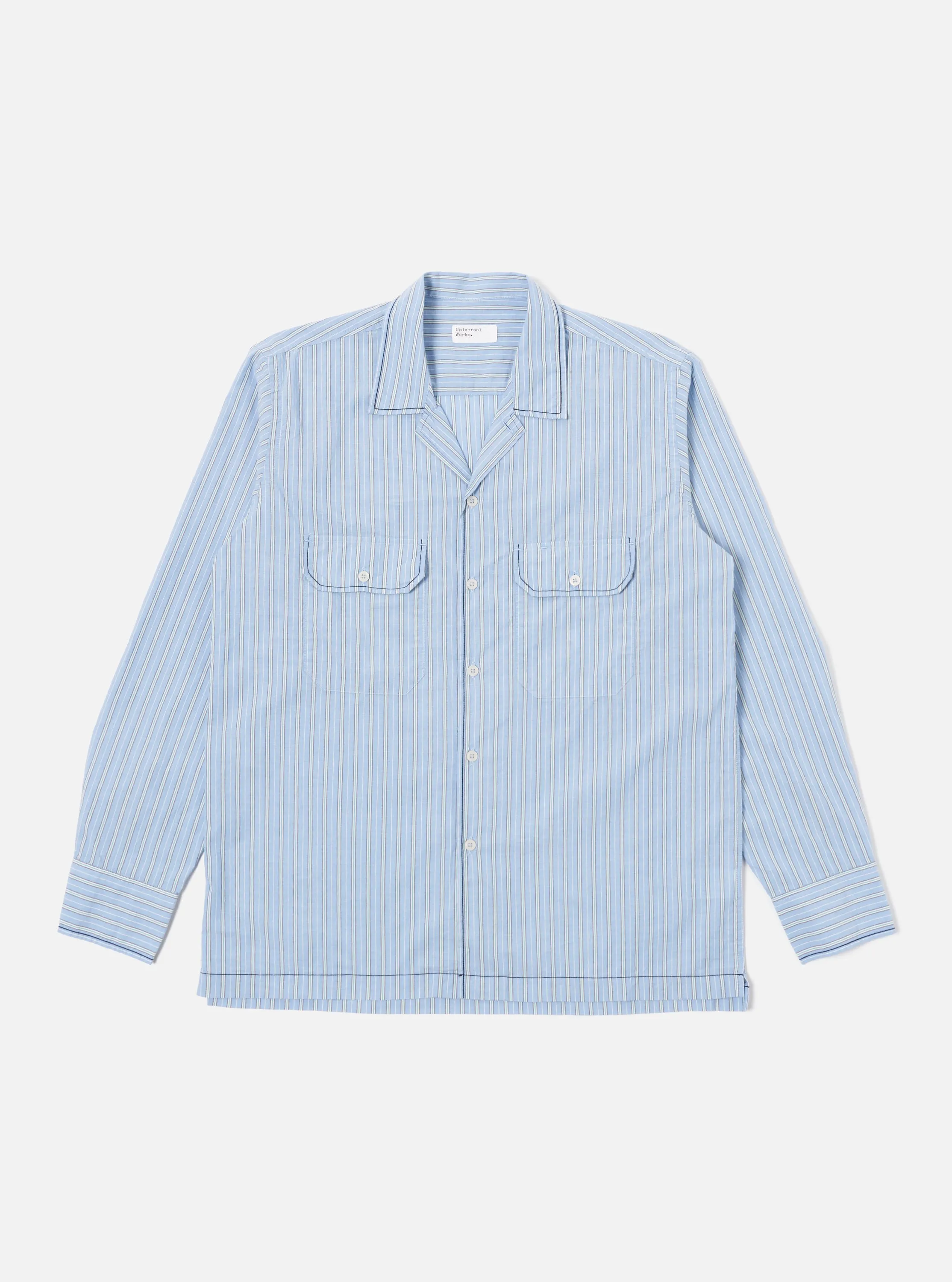 Universal Works Embroidered L/S Utility Shirt in Blue Chelsea Cotton Stripe sold by Universal Works