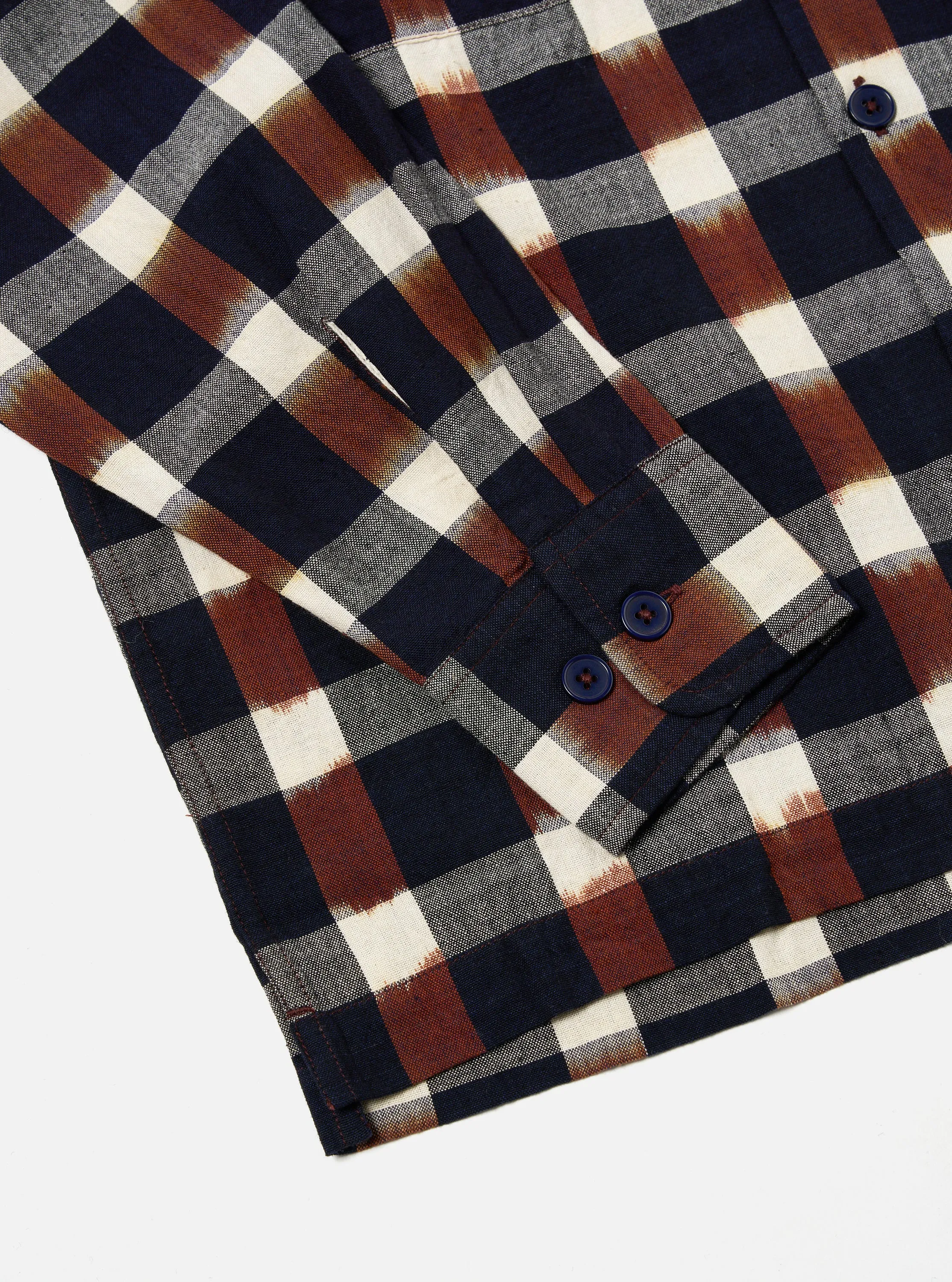 Universal Works L/S Utility Shirt in Navy/Brown Check Ikat sold by Universal Works product image thumbnail 5