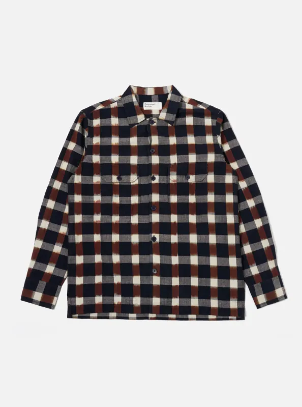 Universal Works L/S Utility Shirt in Navy/Brown Check Ikat sold by Universal Works