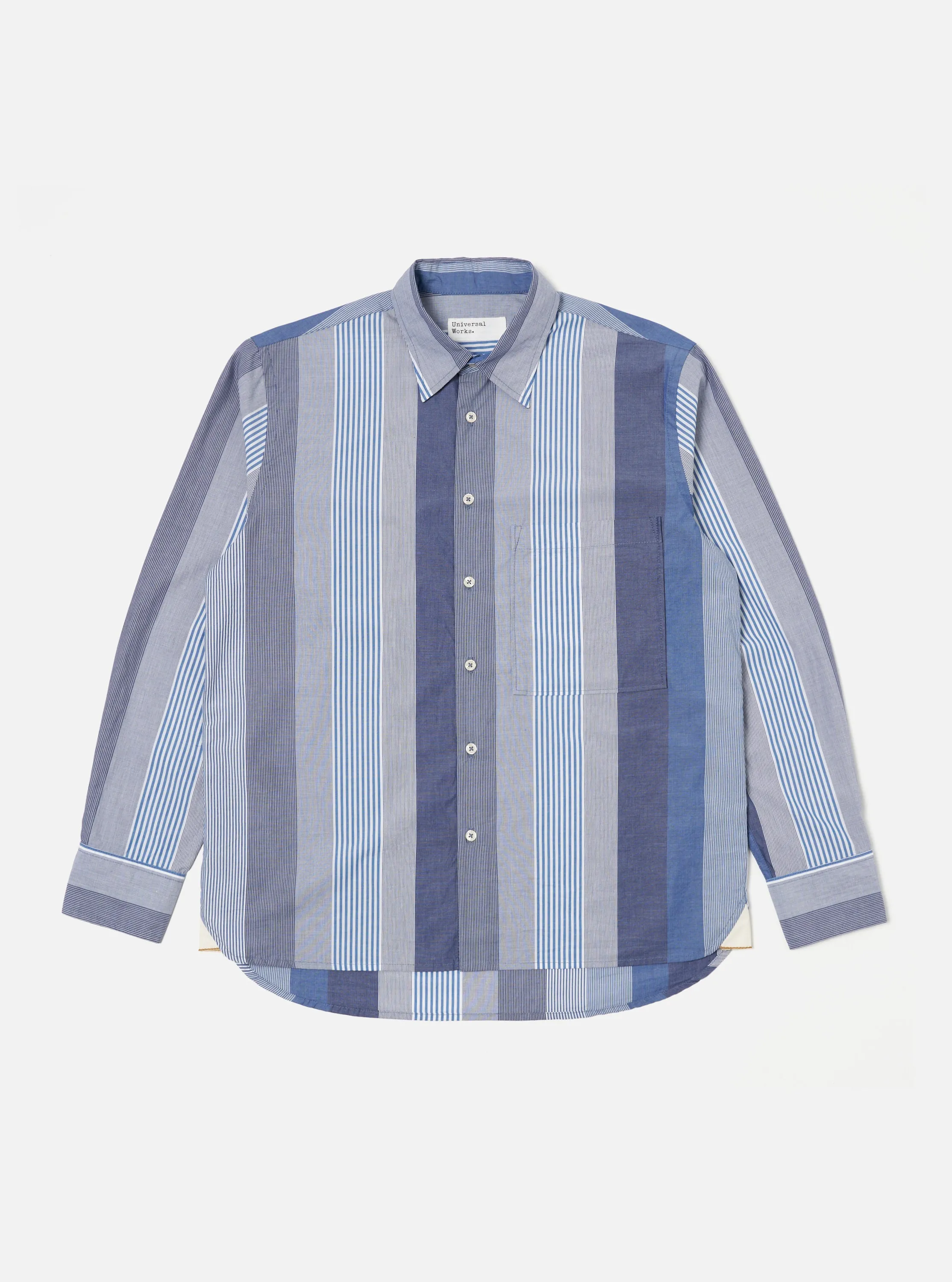 Universal Works Square Pocket Shirt in Blue Multi Stripe Cotton sold by Universal Works