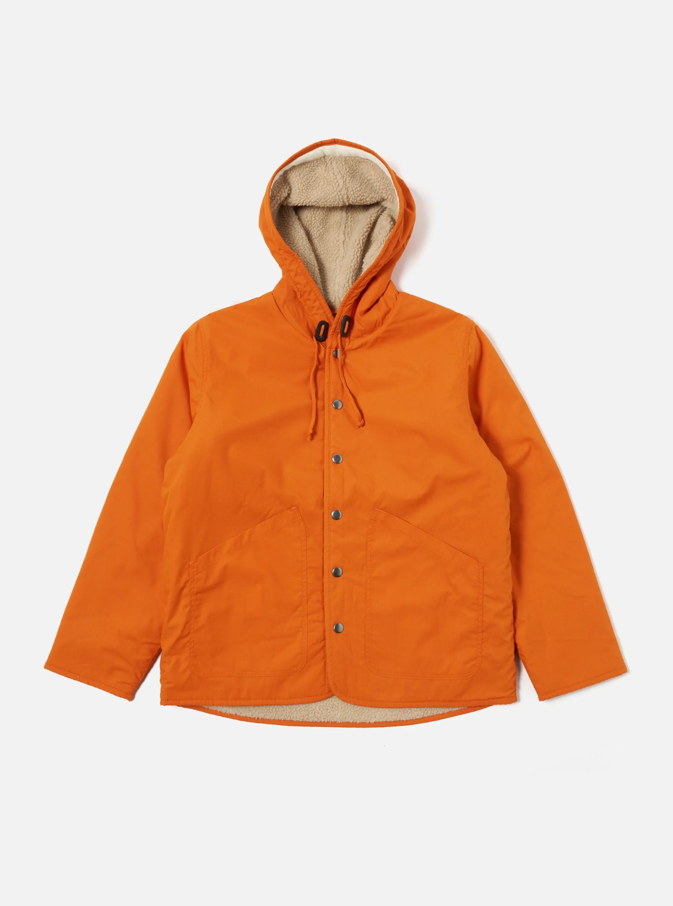 Universal Works Reversible Simple Hooded Jacket in Orange/Sand Recycled Polytech/Sherpa sold by Universal Works