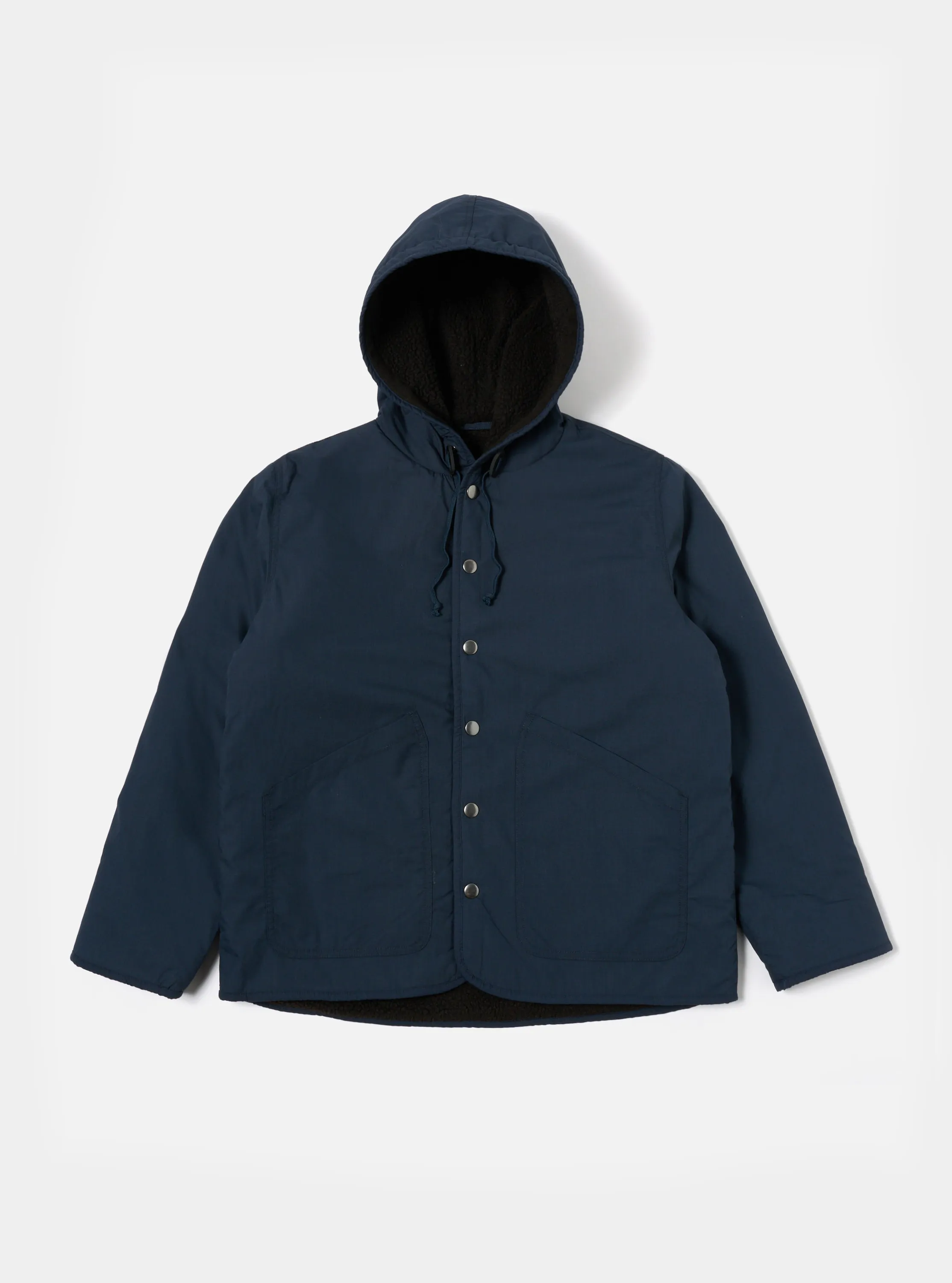 Universal Works Reversible Simple Hooded Jacket in Navy/Brown Recycled Polytech/Sherpa sold by Universal Works