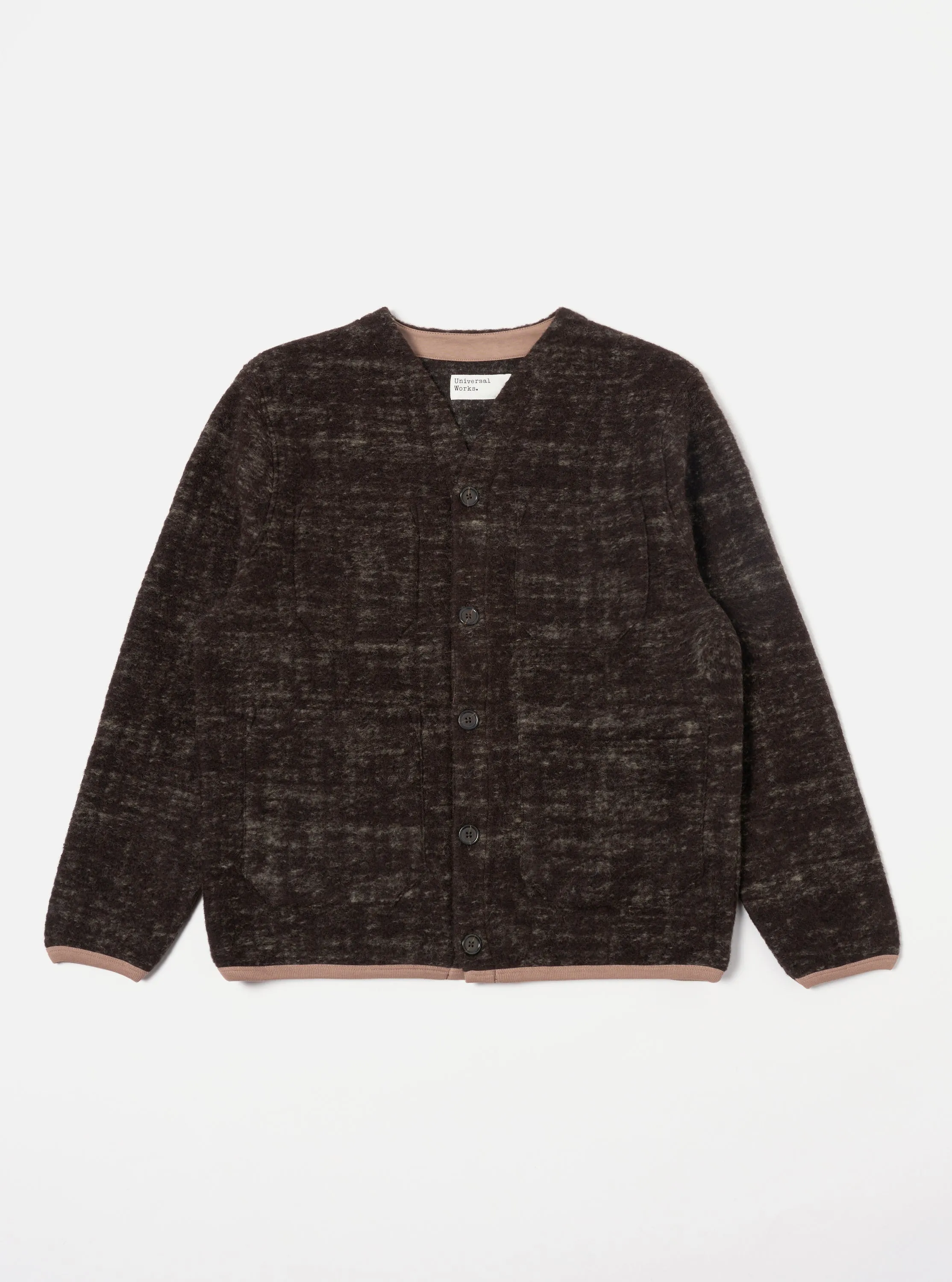 Universal Works Cardigan in Brown Marble Fleece sold by Universal Works