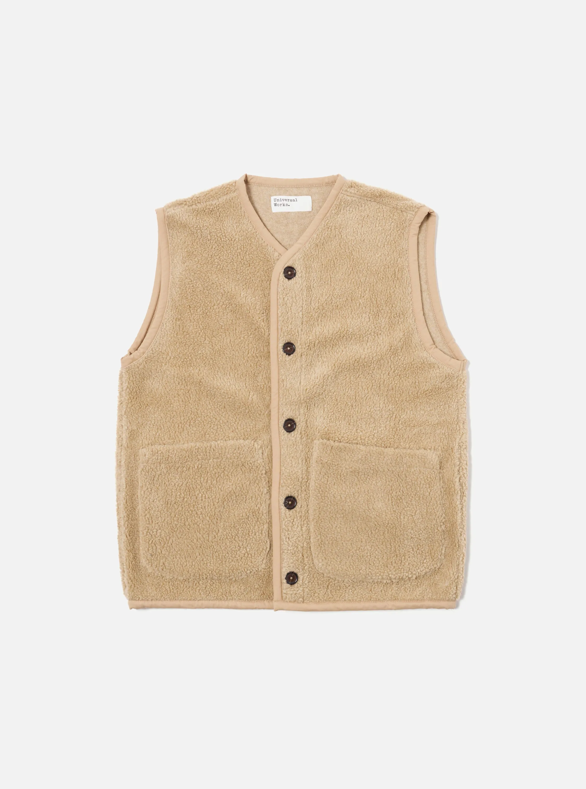 Universal Works Lancaster Gilet in Stone Mountain Fleece sold by Universal Works