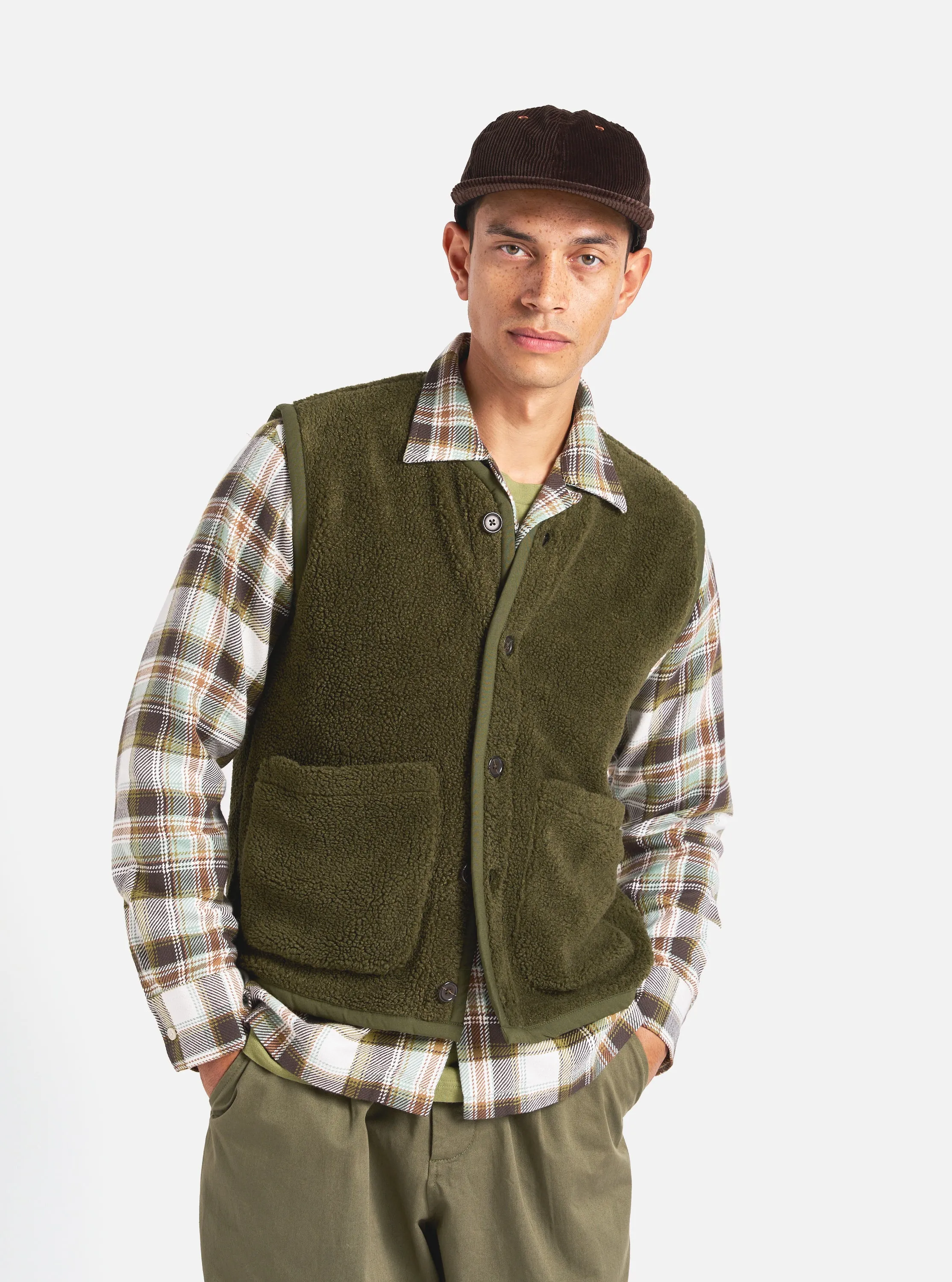 Universal Works Lancaster Gilet in Olive Mountain Fleece sold by Universal Works