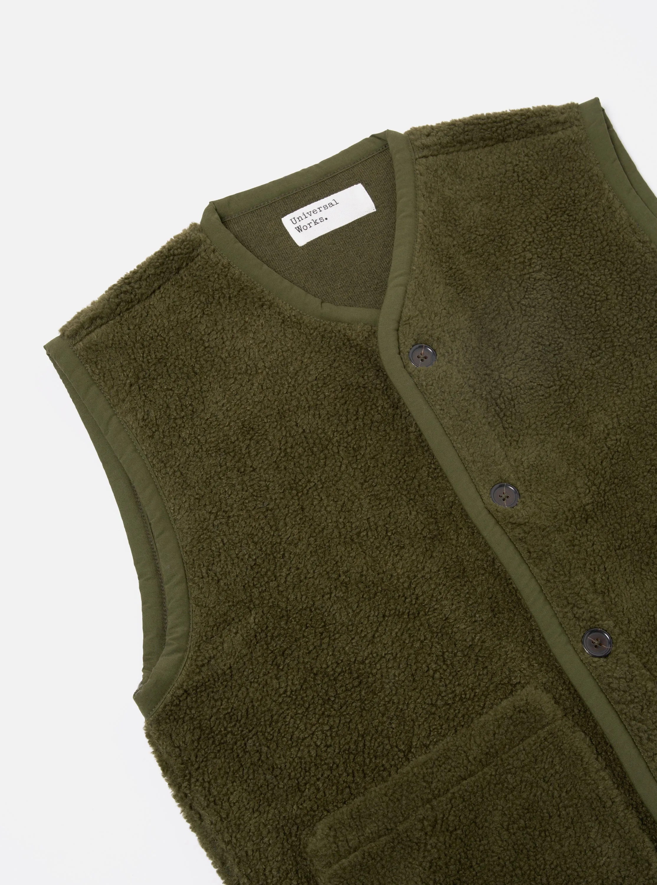 Universal Works Lancaster Gilet in Olive Mountain Fleece sold by Universal Works product image thumbnail 5