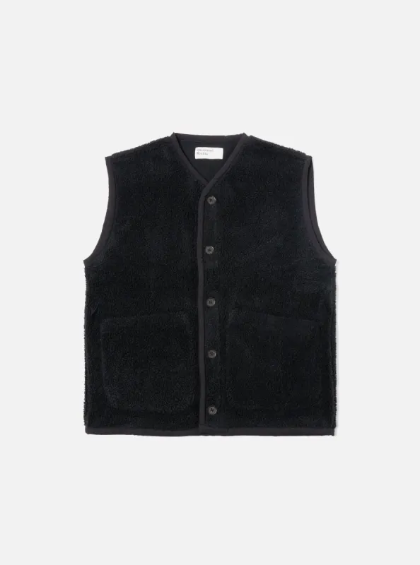 Universal Works Lancaster Gilet in Black Mountain Fleece sold by Universal Works