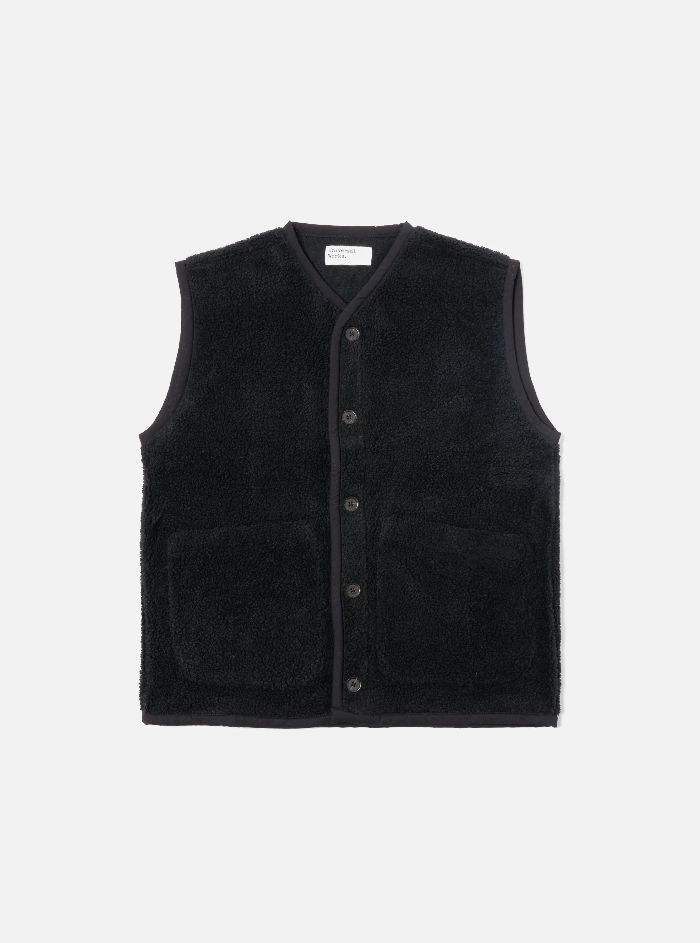 Universal Works Lancaster Gilet in Black Mountain Fleece sold by Universal Works