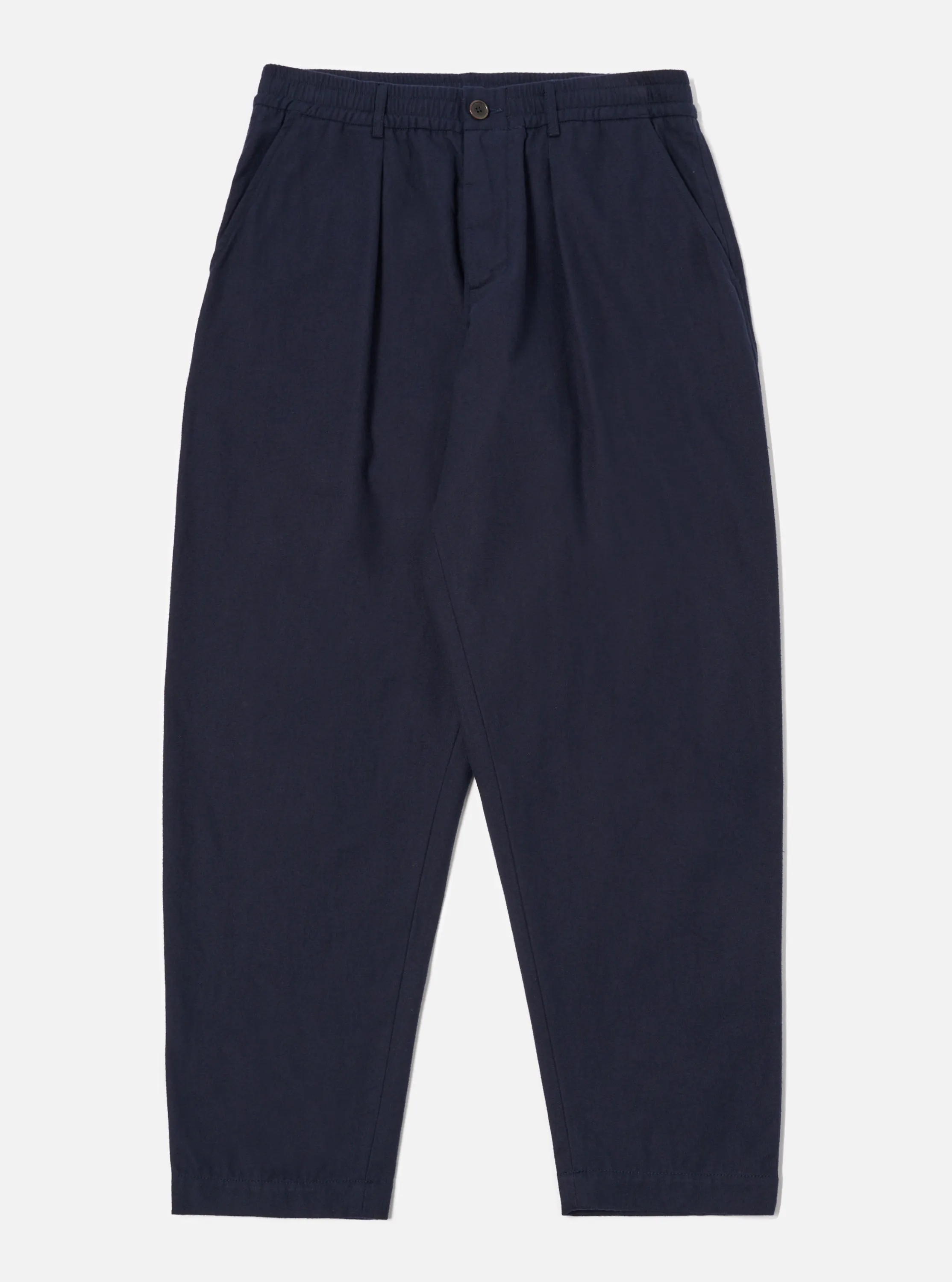 Universal Works Pleated Track Pant in Navy Brushed Moleskin sold by Universal Works
