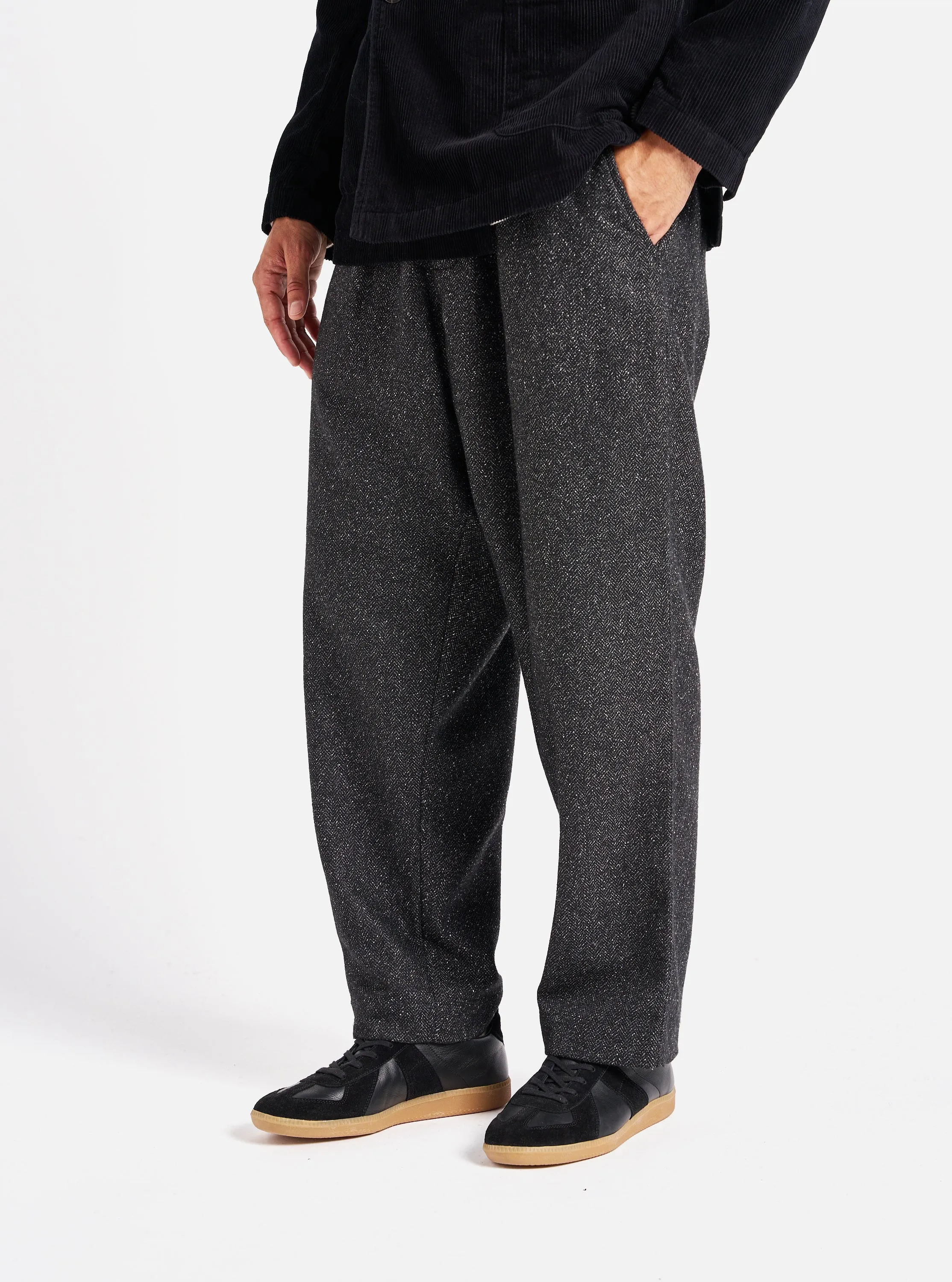Universal Works Oxford Pant in Black Levisham Wool Mix sold by Universal Works