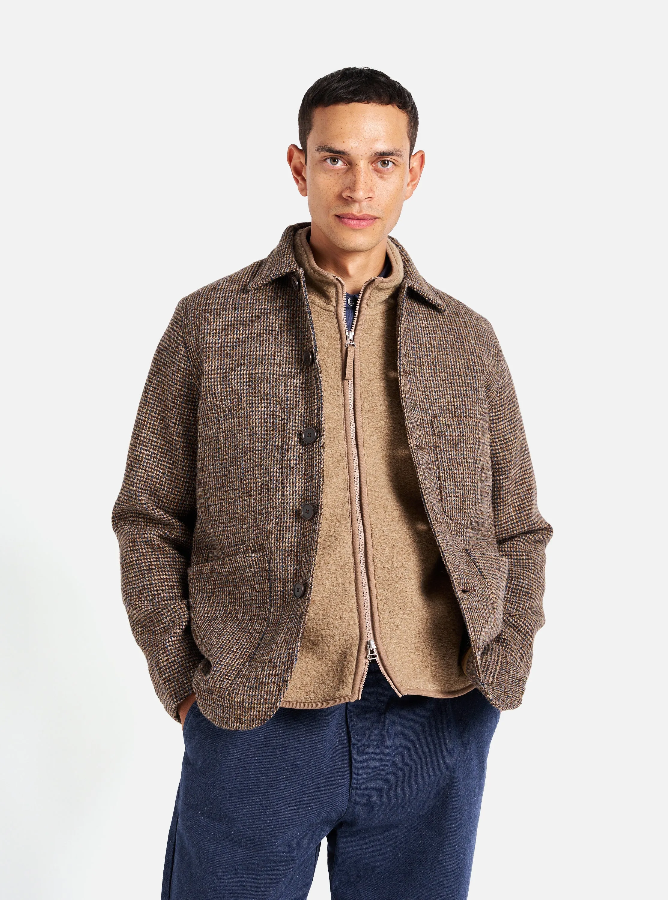 Universal Works Bakers Jacket in Brown Harris Tweed Plaid sold by Universal Works