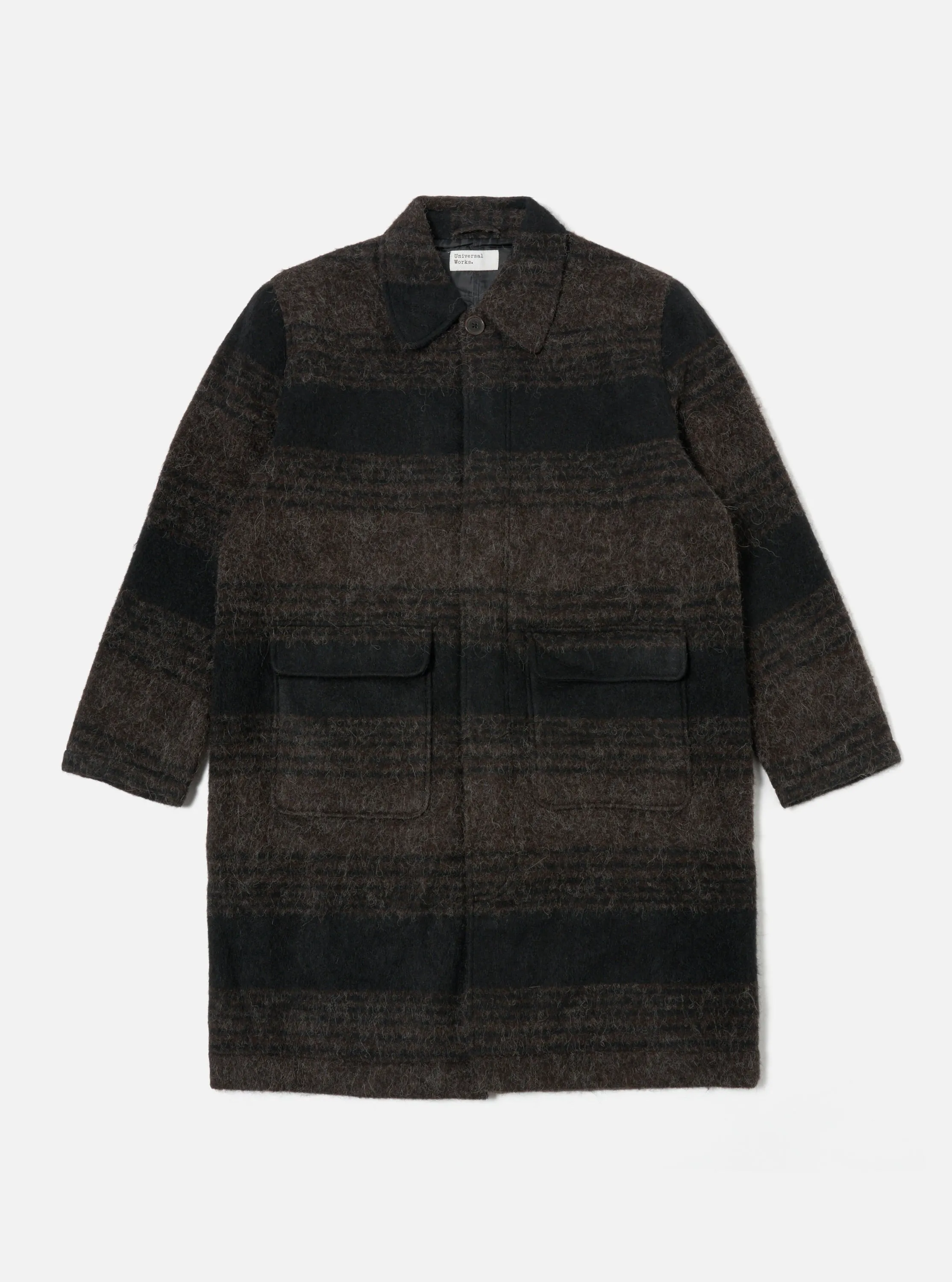 Universal Works Account Coat in Brown/Black Alpaca Recycled Mix sold by Universal Works