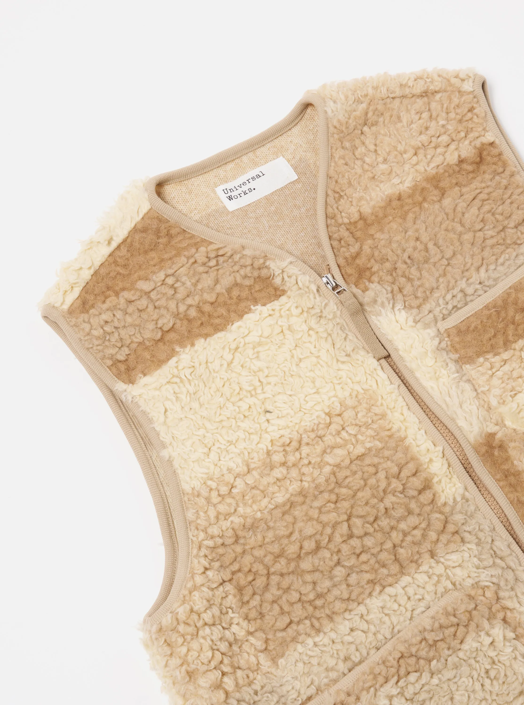 Universal Works Zip Gilet in Sand Patchwork Fleece sold by Universal Works product image thumbnail 3