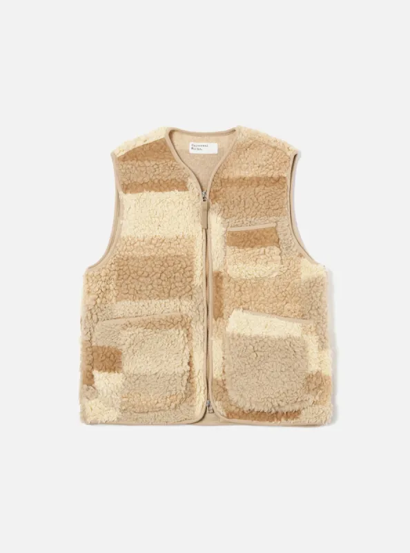 Universal Works Zip Gilet in Sand Patchwork Fleece sold by Universal Works