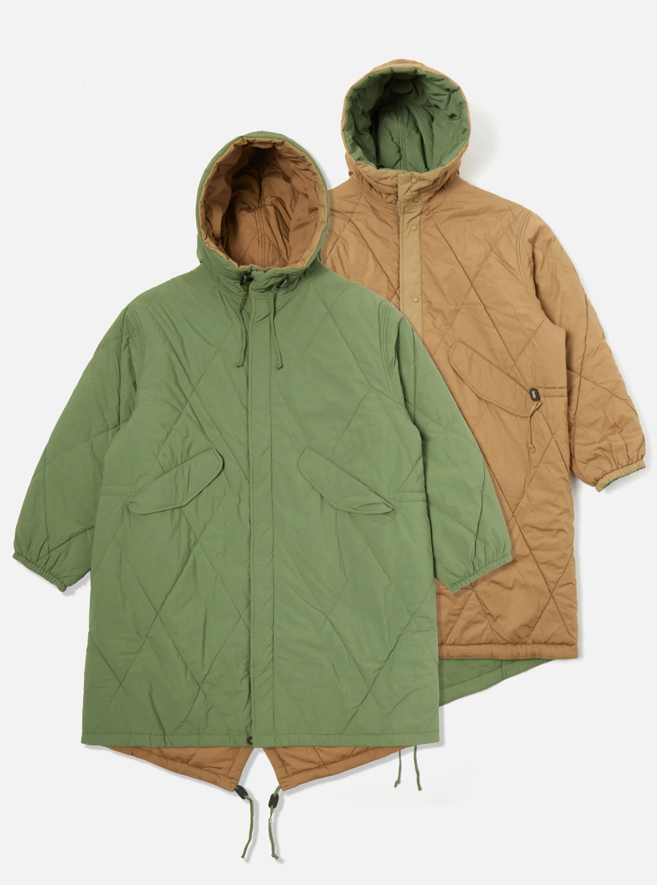 Universal Works Reversible Diamond Quilt Parka in Green Recycled Nylon sold by Universal Works