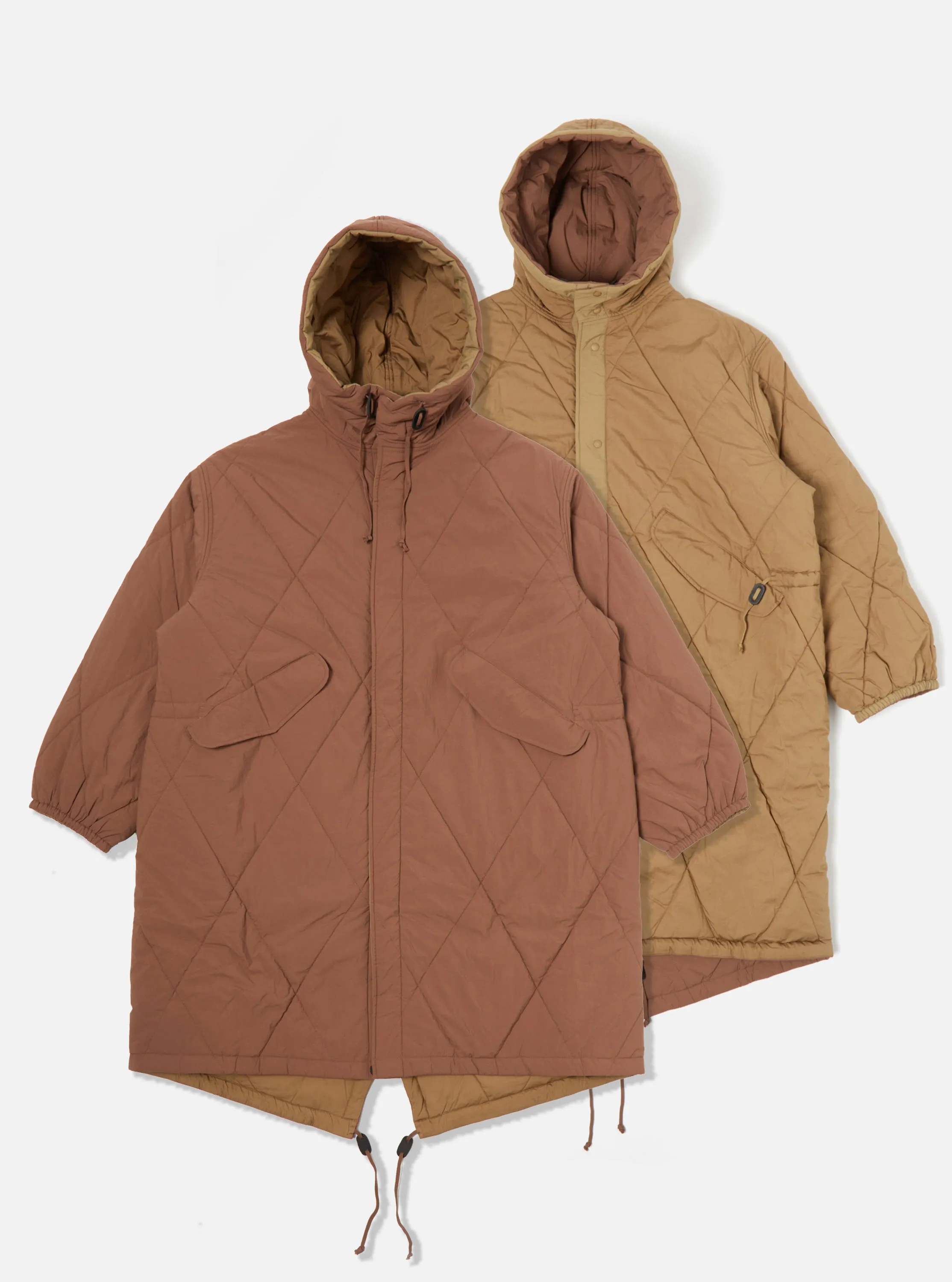 Universal Works Reversible Diamond Quilt Parka in Brown Recycled Nylon sold by Universal Works