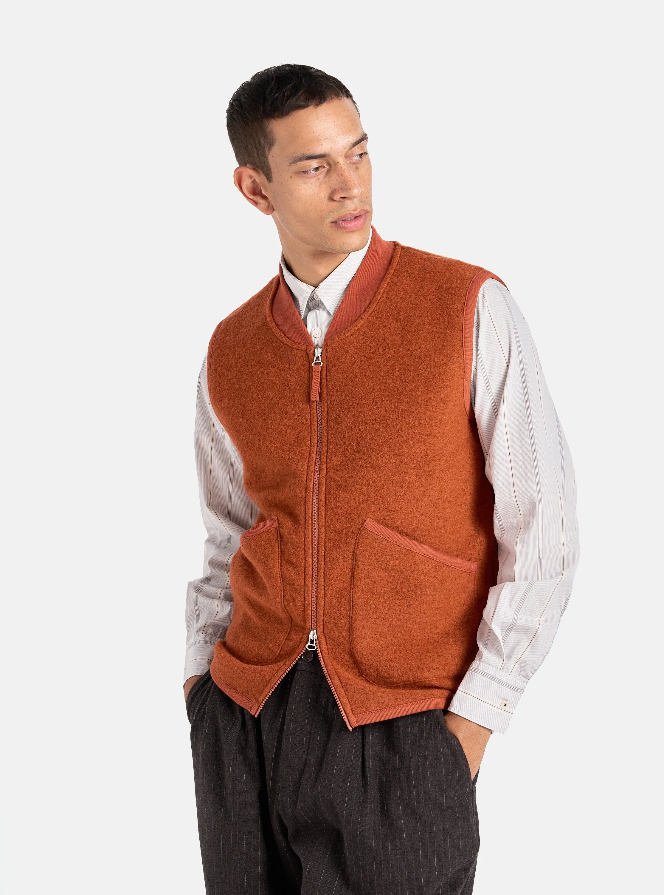Universal Works Zip Waistcoat in Orange Wool Fleece sold by Universal Works