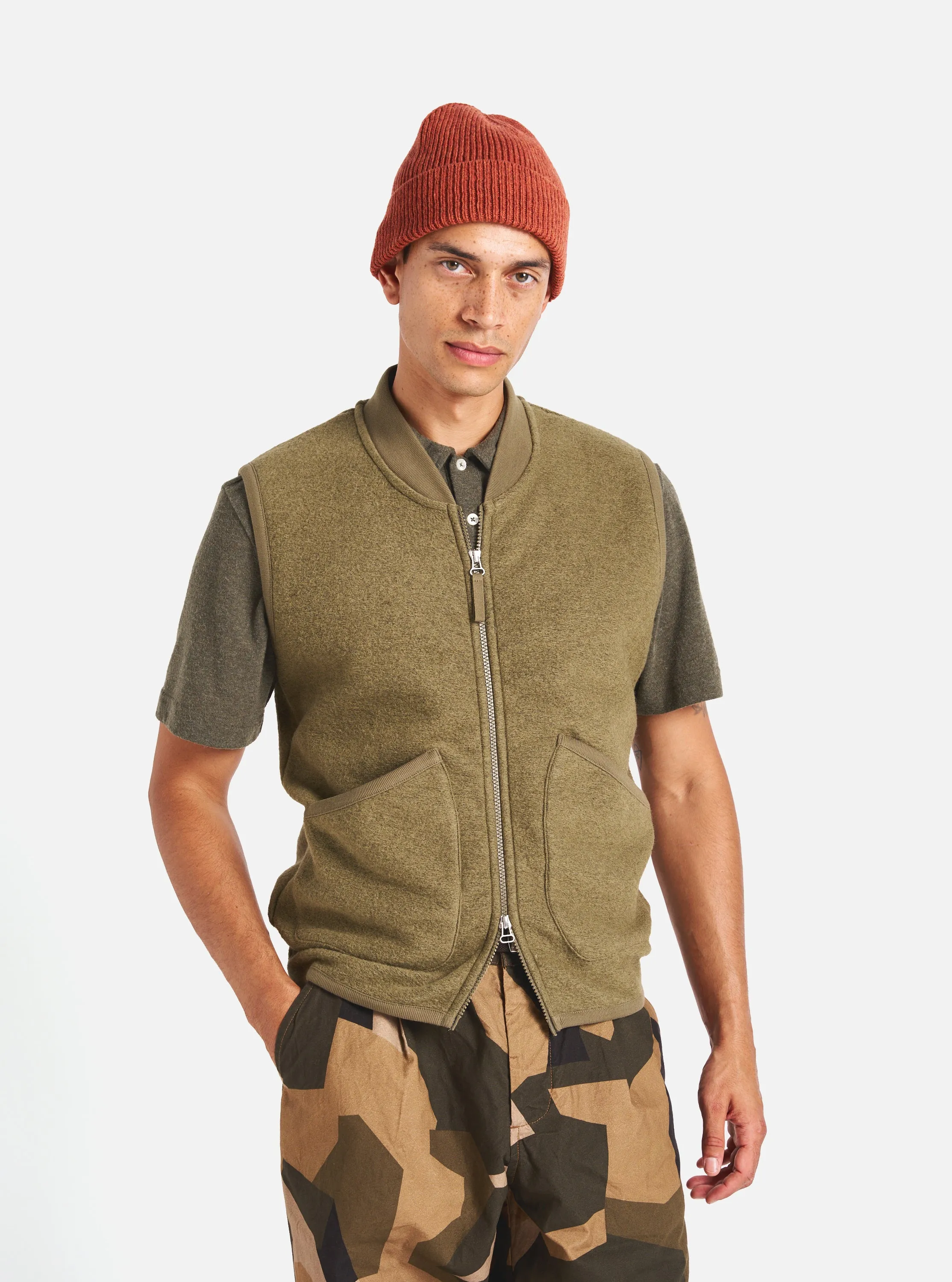 Universal Works Zip Waistcoat in Lovat Wool Fleece sold by Universal Works