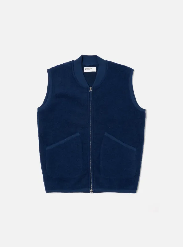 Universal Works Zip Waistcoat in Indigo Wool Fleece sold by Universal Works
