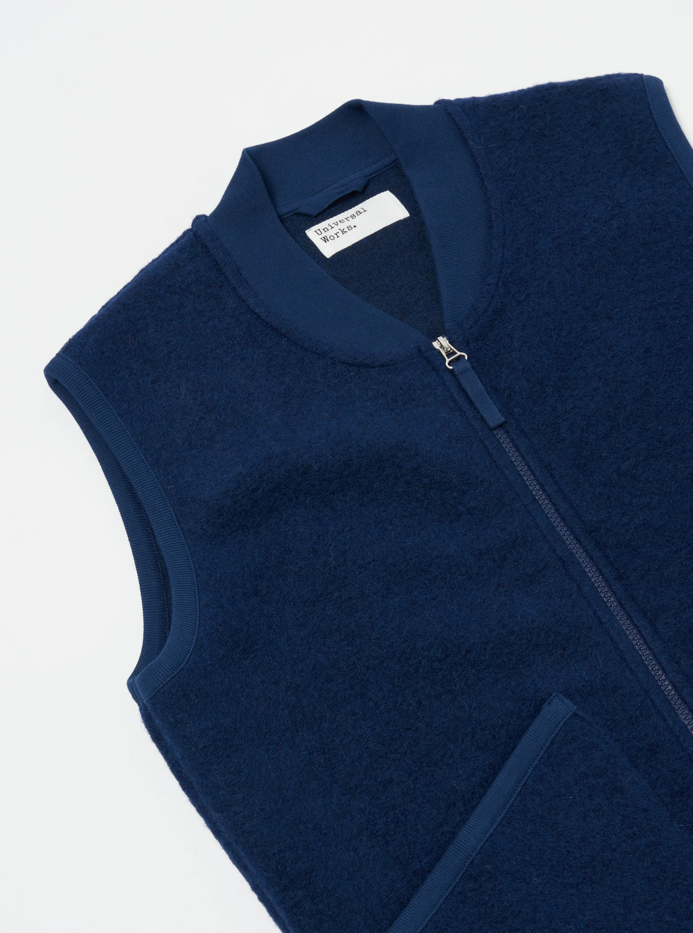 Universal Works Zip Waistcoat in Indigo Wool Fleece sold by Universal Works product image thumbnail 3