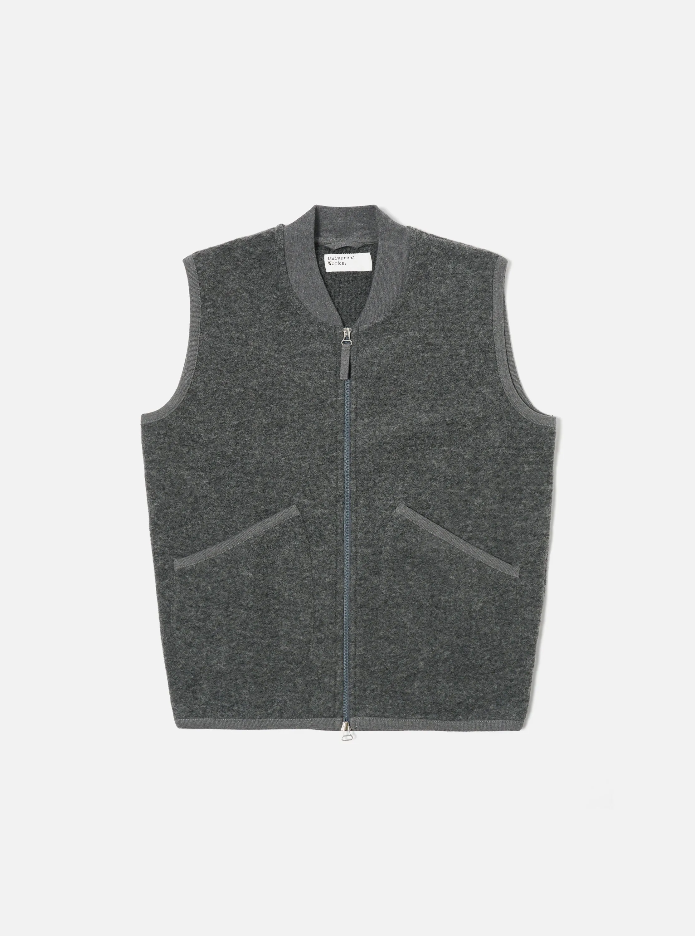 Universal Works Zip Waistcoat in Grey Marl Wool Fleece sold by Universal Works