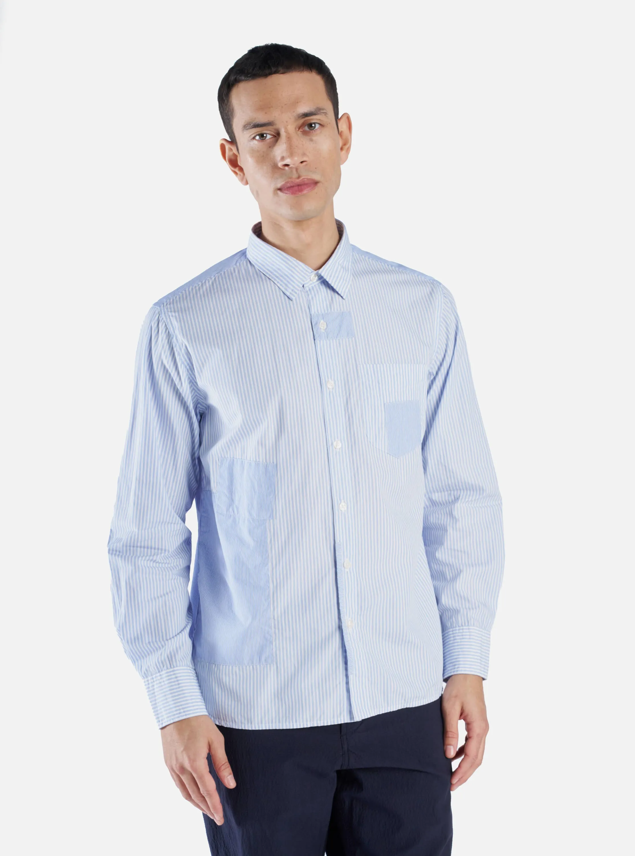 Universal Works L/S Patch Shirt in Blue Classic Stripes sold by Universal Works product image thumbnail 2