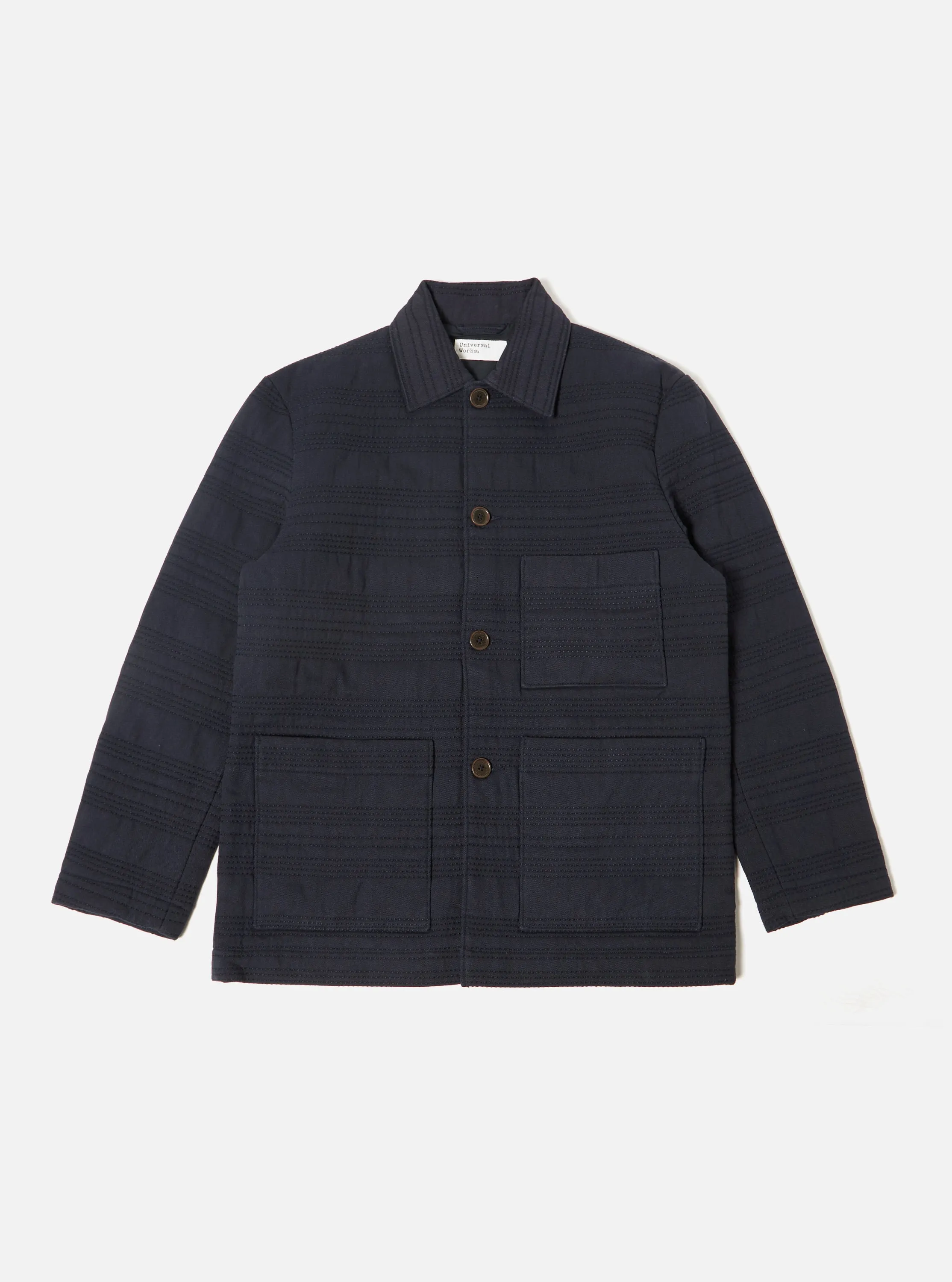 Universal Works Quilt Simple Bakers Jacket in Navy Winter Twill sold by Universal Works