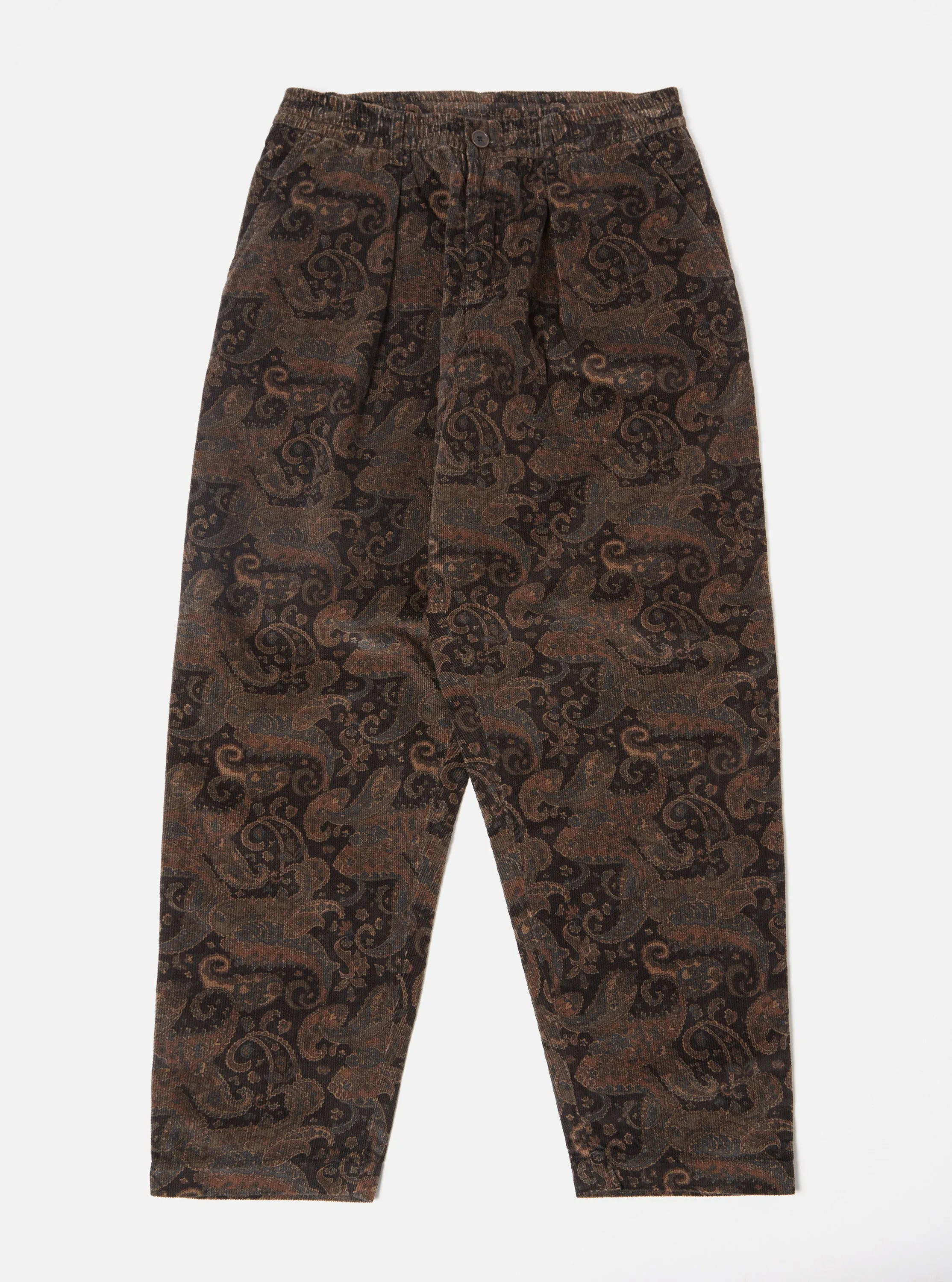 Universal Works Pleated Track Pant in Black Japanese Print Cord sold by Universal Works