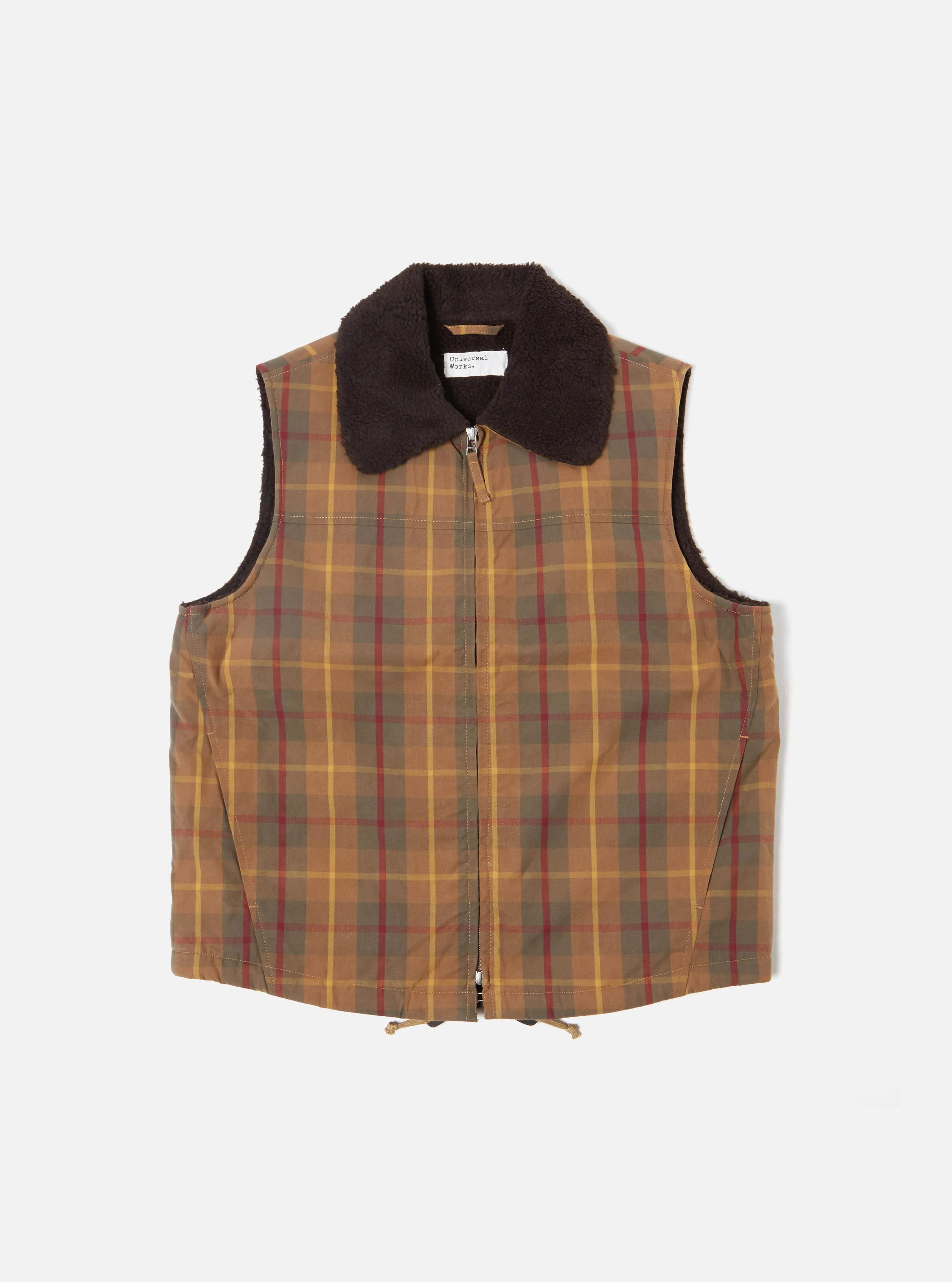 Universal Works Atlas Gilet in Cinnamon British Drywax Check sold by Universal Works