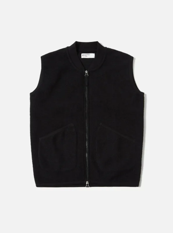 Universal Works Zip Waistcoat in Black Wool Fleece sold by Universal Works